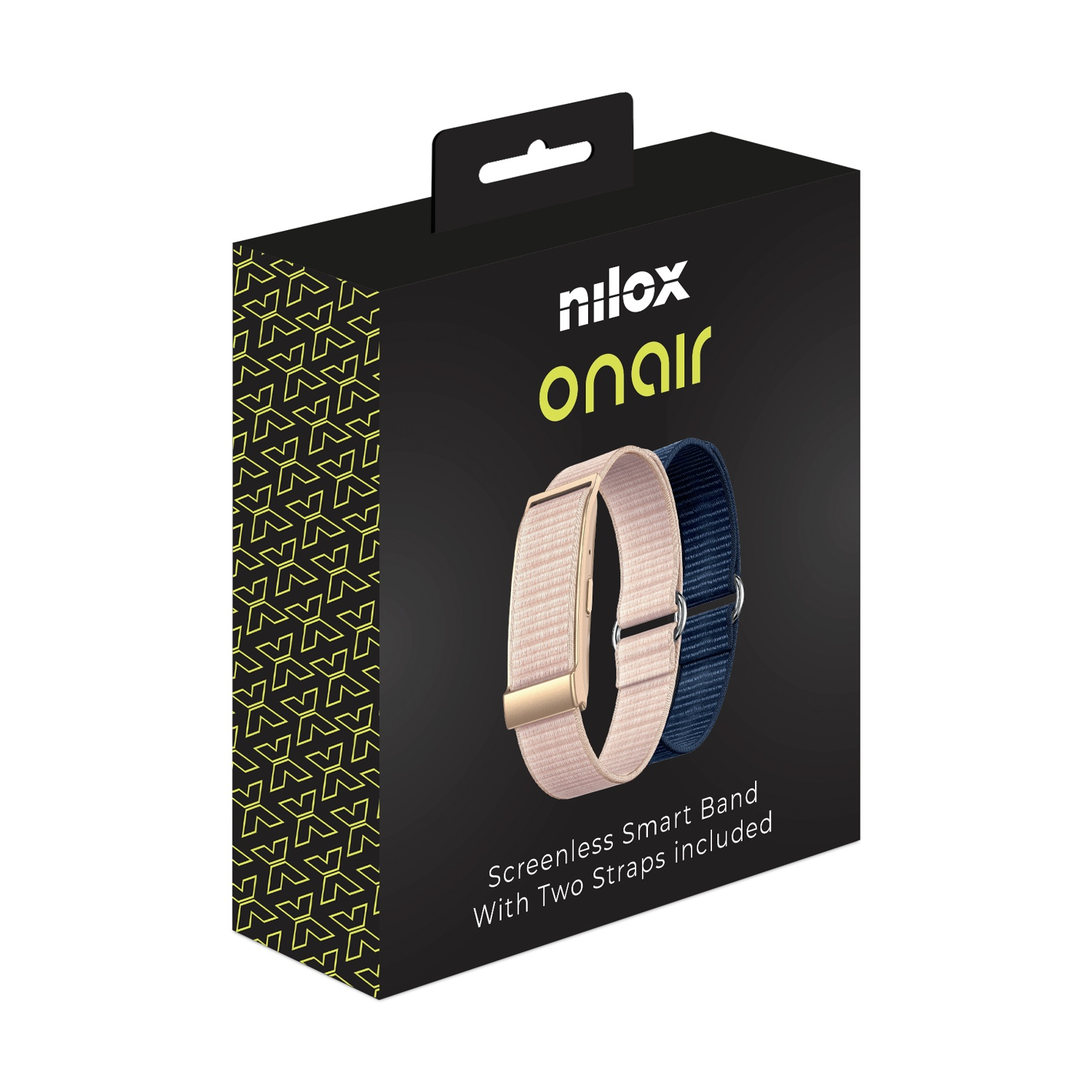 Scatola con logo 'nilox onair', due cinturini smart band: beige e blu. Testo: 'Screenless Smart Band With Two Straps Included'.