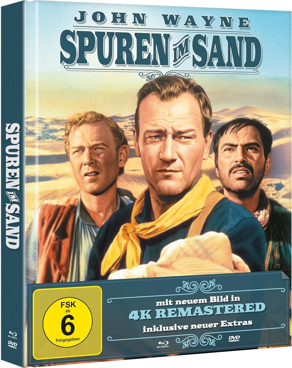 Film-Box-Art für 'Spuren im Sand' mit John Wayne. Drei Männer in der Wüste, Box-Art enthält Text und ein Rating-Logo.