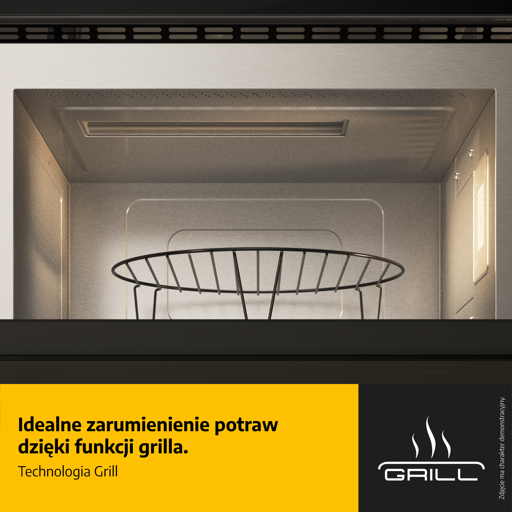 Wewnątrz kuchenki mikrofalowej widoczny jest czarny ruszt. Piekarnik jest podświetlony. Żółto-czarna część pokazuje słowo GRILL.