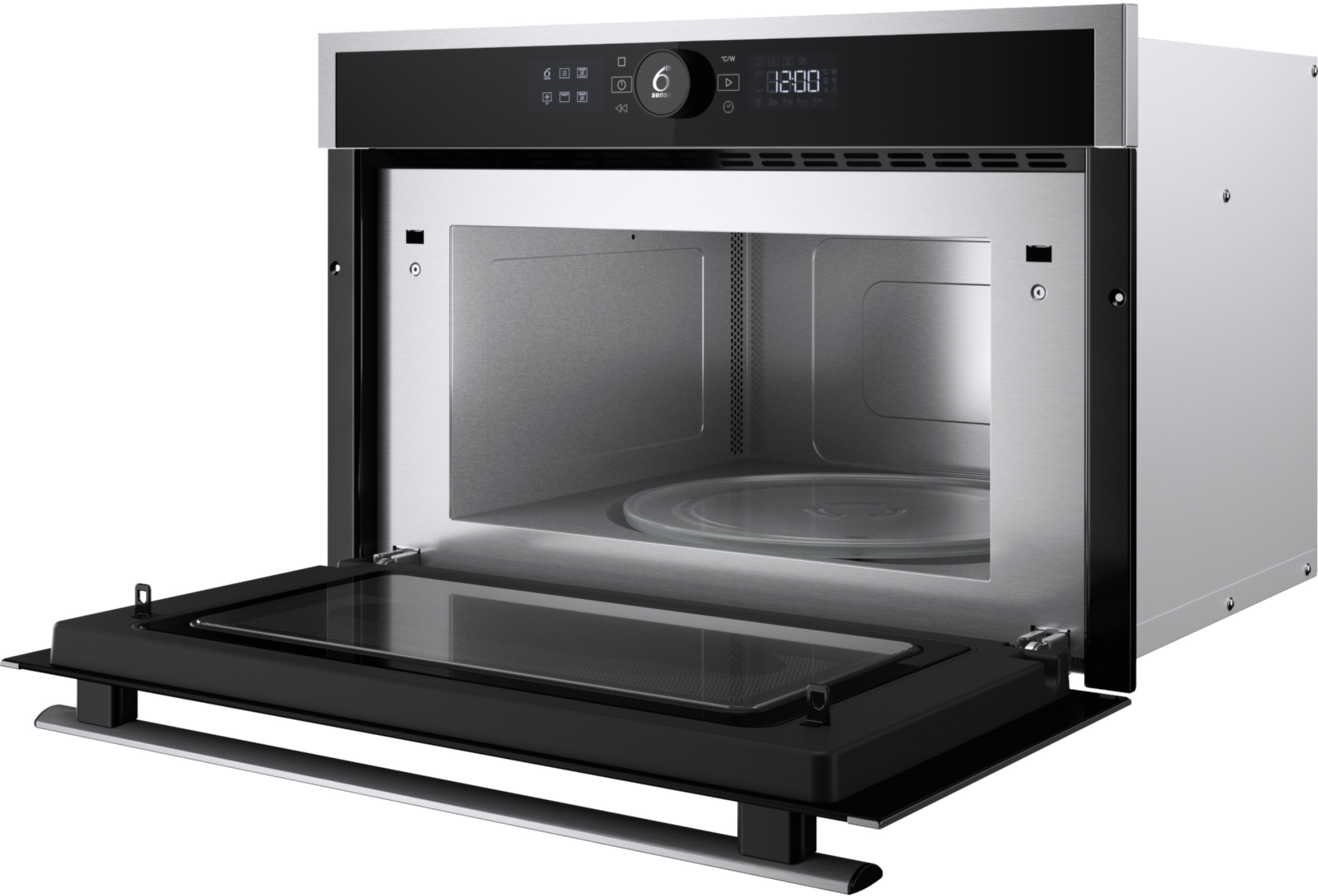 Kuchenka mikrofalowa ze stali nierdzewnej z otwartymi drzwiami. Wyświetlacz pokazuje czas, a drzwi mają czarny uchwyt.