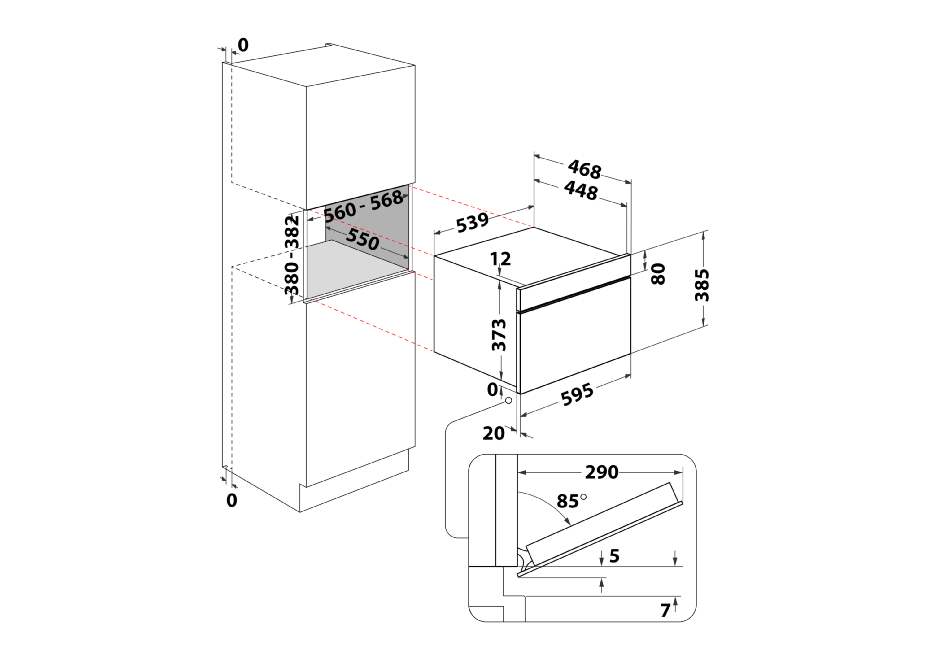 Schemat piekarnika do zabudowy. Wymiary podano w milimetrach. Pokazuje wymiary piekarnika i wnęki.