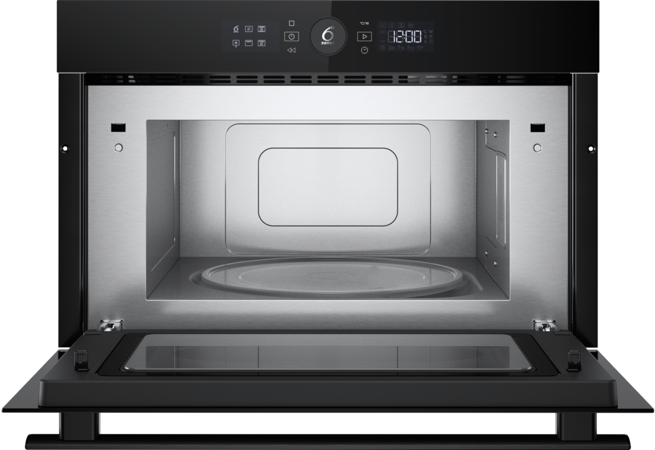 Czarny piekarnik mikrofalowy z otwartymi drzwiami. Wewnątrz widoczny szklany talerz. Panel sterowania ma wyświetlacz cyfrowy.