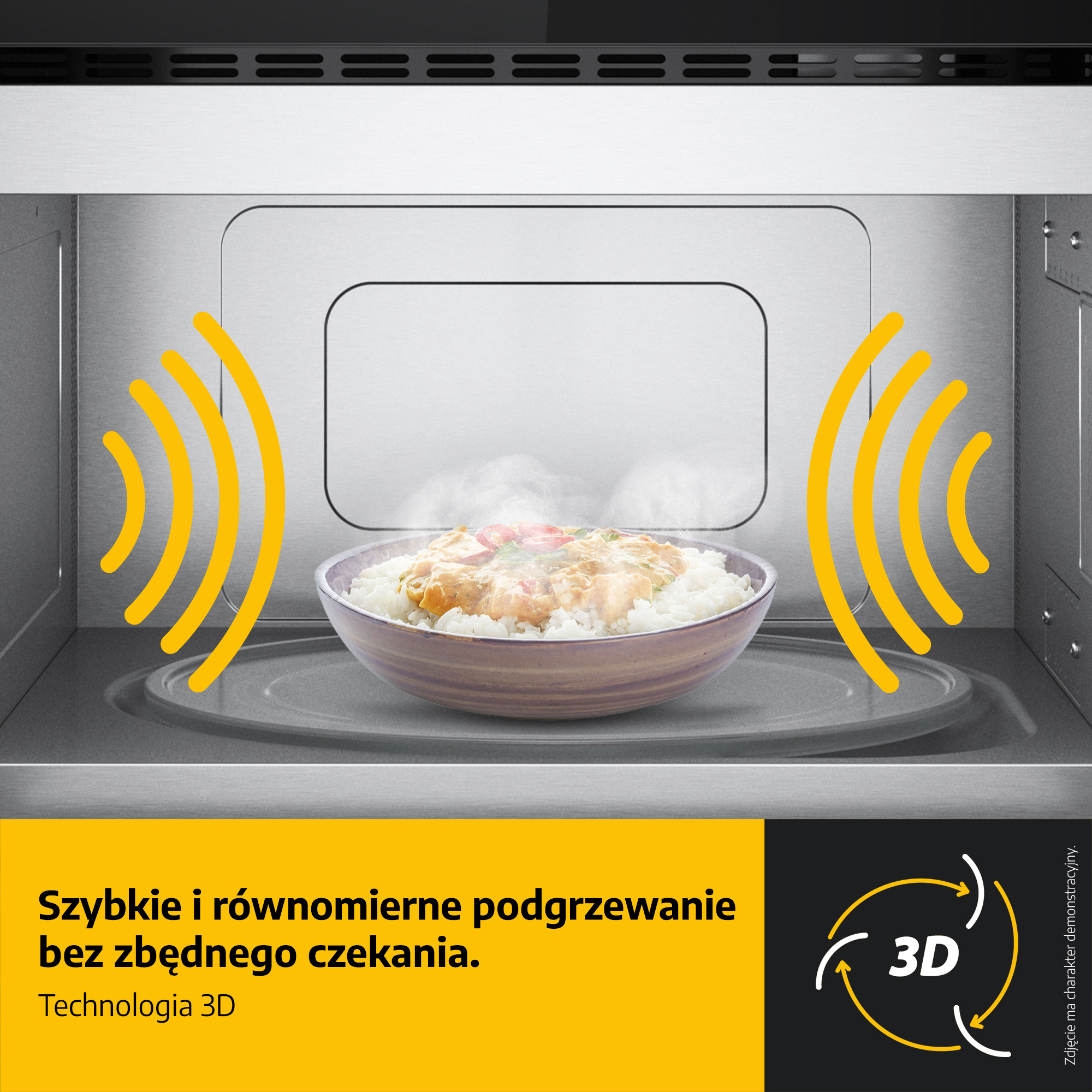 Wnętrze kuchenki mikrofalowej z miską jedzenia. Żółte grafiki fal wskazują ogrzewanie 3D. Tekst opisuje technologię 3D.