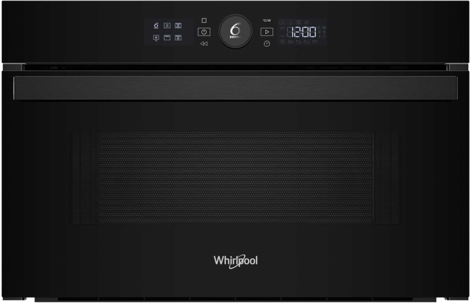 Czarny piekarnik mikrofalowy Whirlpool z wyświetlaczem cyfrowym. Panel sterowania z symbolami i tekstem '6th sense'.
