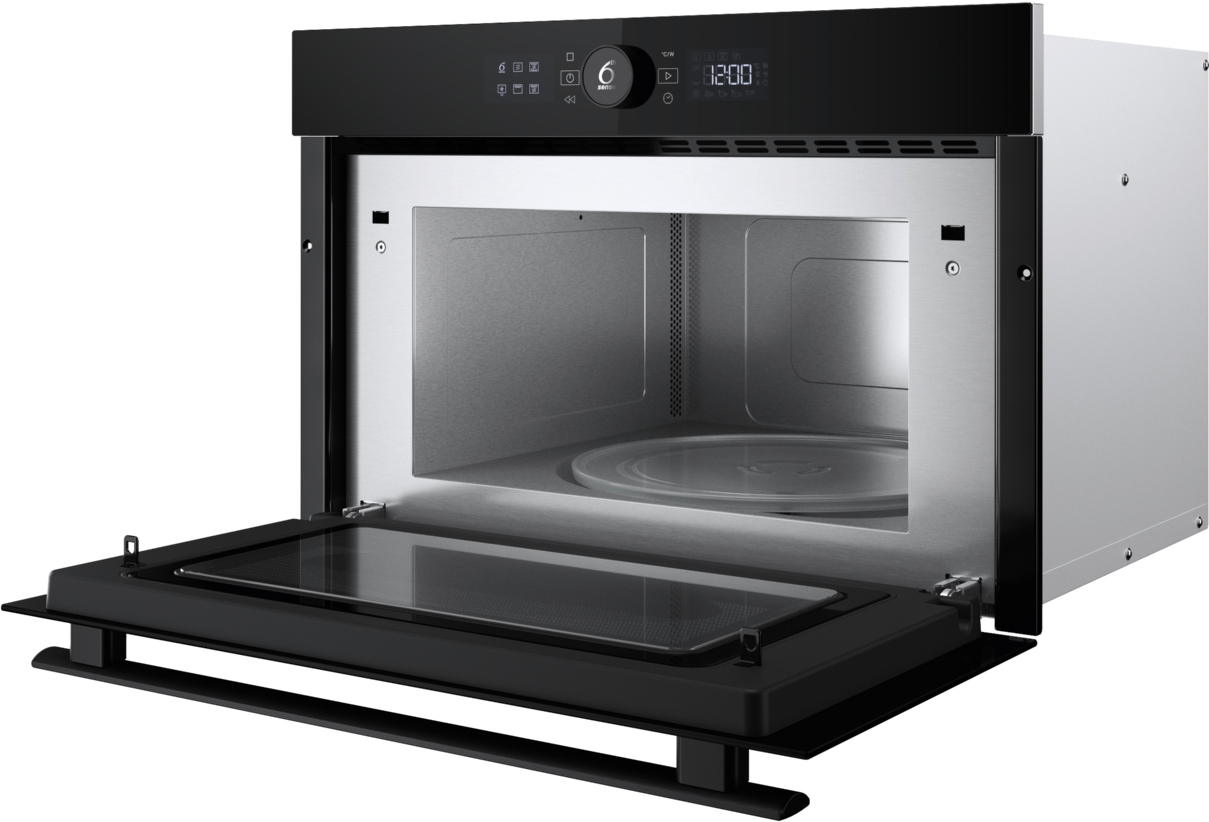 Kuchenka mikrofalowa z otwartymi drzwiami. Wnętrze ze stali nierdzewnej, z szklaną płytą. Panel sterowania jest czarny.