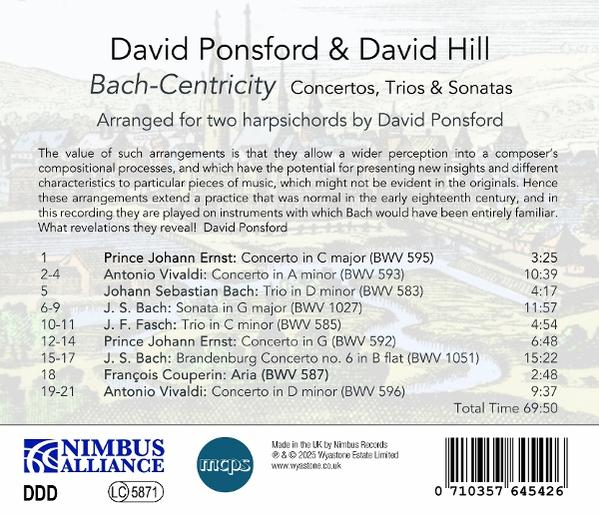 CD-Cover mit Text über David Ponsford & David Hill, Bach-Centricity. Enthält Titelliste und Nimbus Alliance Logo.