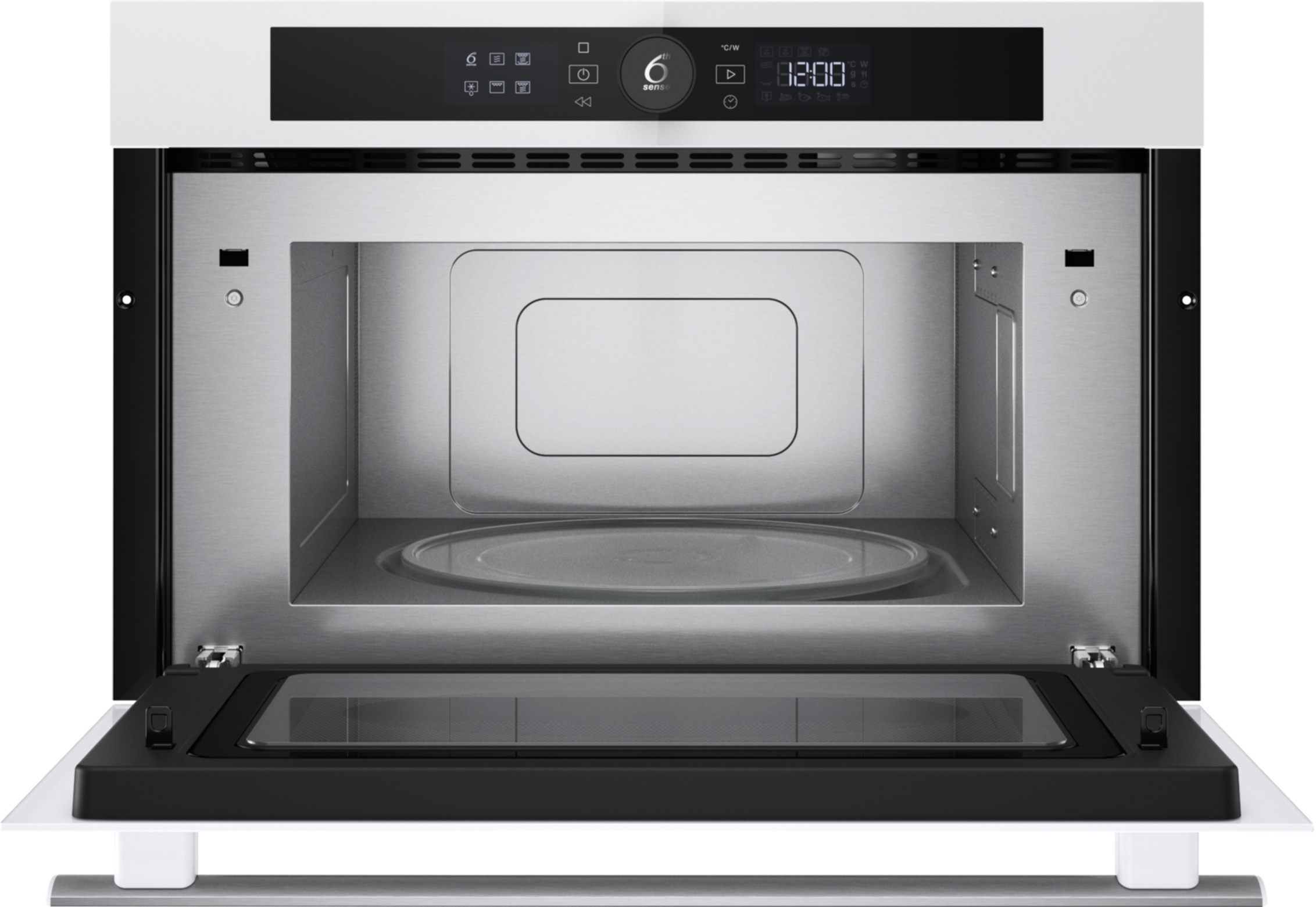 Kuchenka mikrofalowa z otwartymi drzwiami. Wnętrze ze stali nierdzewnej, ze szklanym talerzem. Zewnętrzna obudowa biało-czarna.