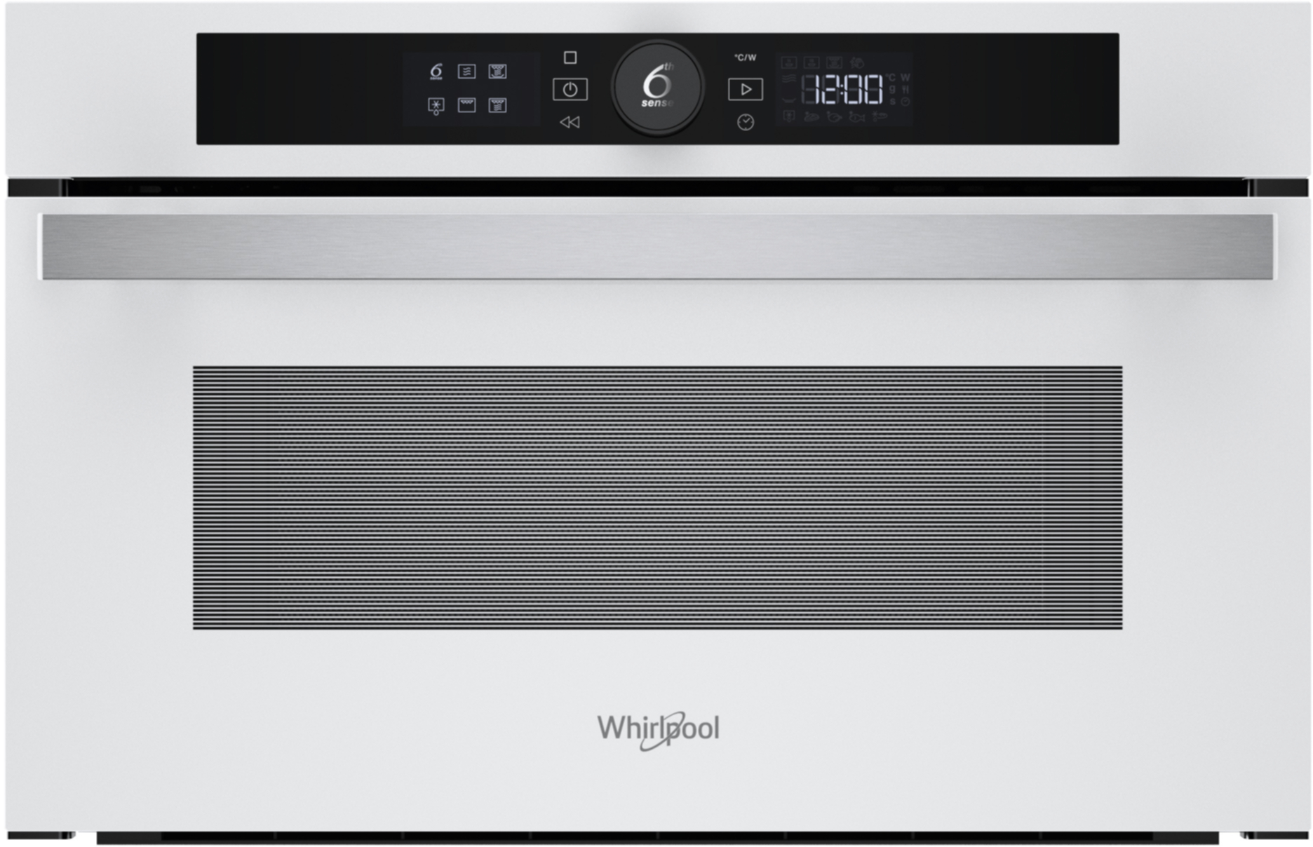 Biały piekarnik Whirlpool z czarnym wyświetlaczem pokazującym czas i ustawienia. Posiada srebrną rączkę i drzwi w paski.