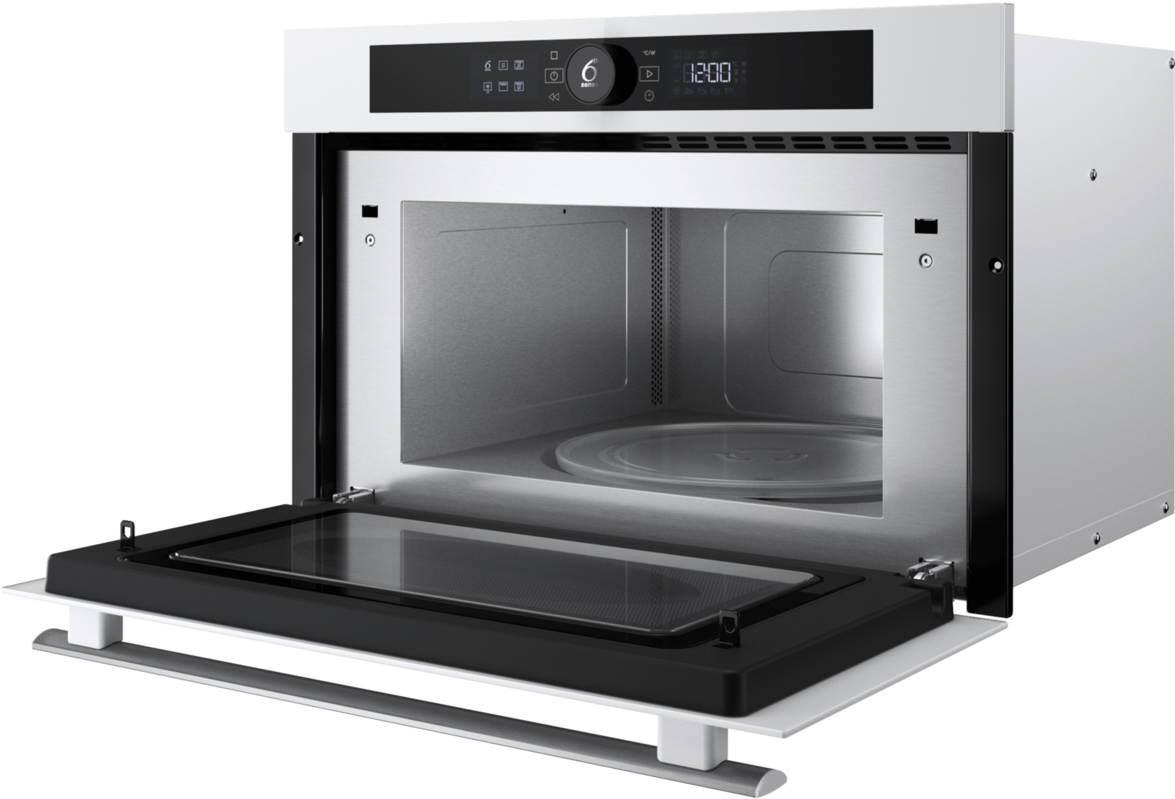 Biała i srebrna kuchenka mikrofalowa z otwartymi drzwiami, pokazująca wnętrze i szklany talerz.