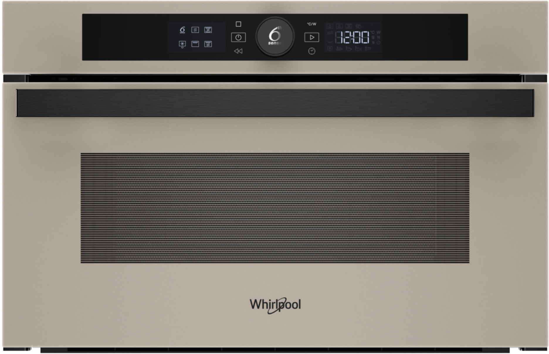 Piekarnik Whirlpool z cyfrowym wyświetlaczem pokazującym 8:20. Ma czarny panel i beżowy przód z poziomymi liniami.
