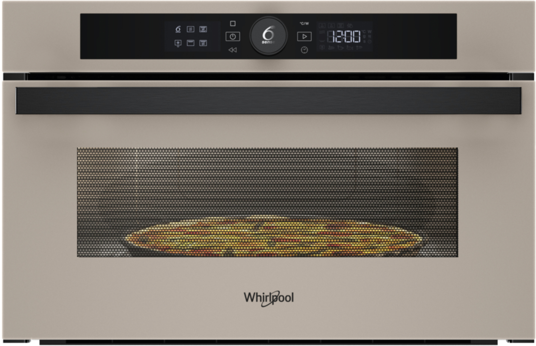 Beżowy piekarnik Whirlpool. Ma cyfrowy wyświetlacz, czarny uchwyt i okno z siatki, w którym widać pizzę.
