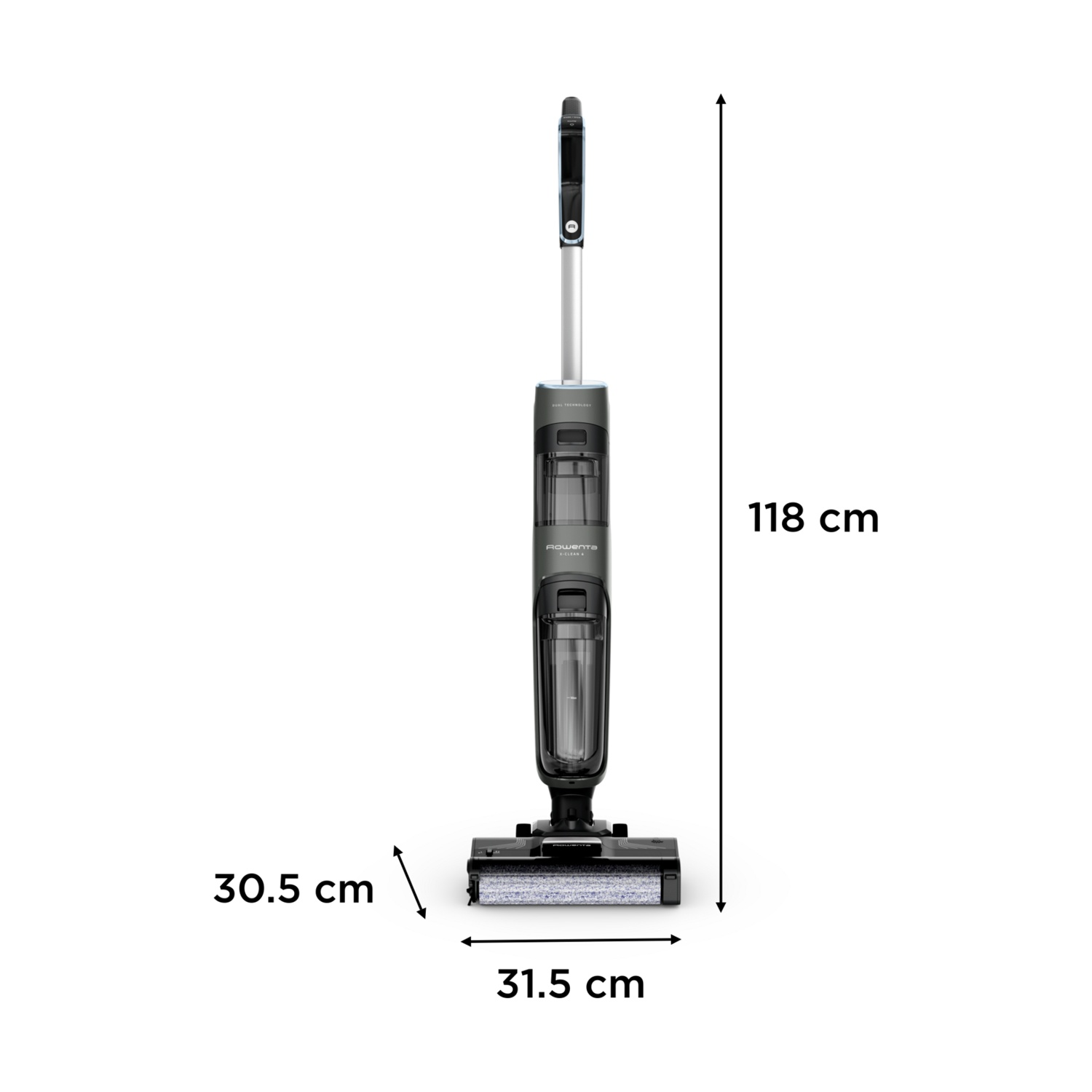 Un aspirapolvere Rowenta nero e grigio per pavimenti bagnati e asciutti. Dimensioni: 118 cm di altezza, 30,5 cm di larghezza e 31,5 cm di lunghezza.