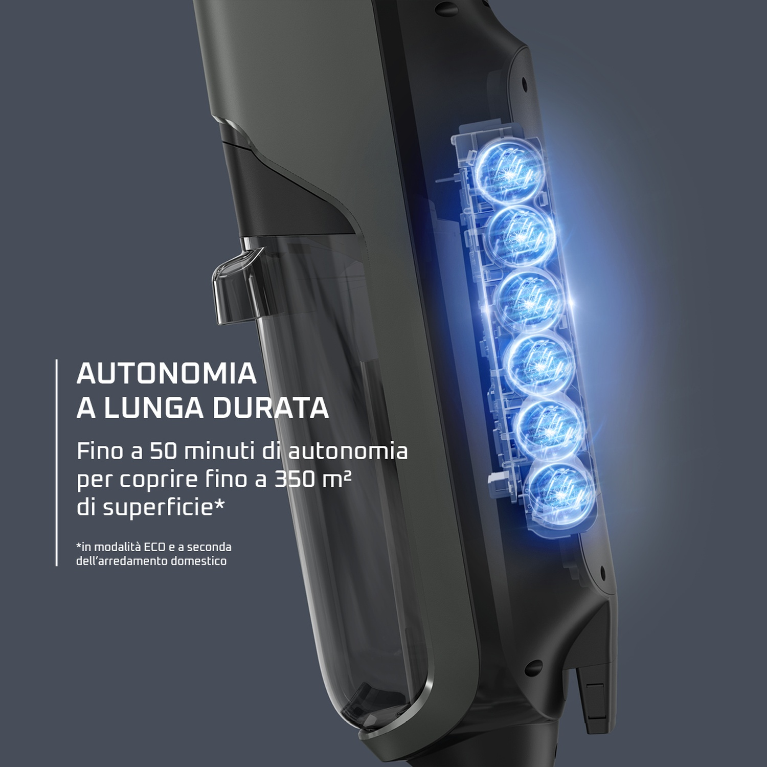Un aspirapolvere senza fili con luci blu brillanti. Il testo indica: autonomia di lunga durata, fino a 50 minuti di utilizzo, che copre 350 m².
