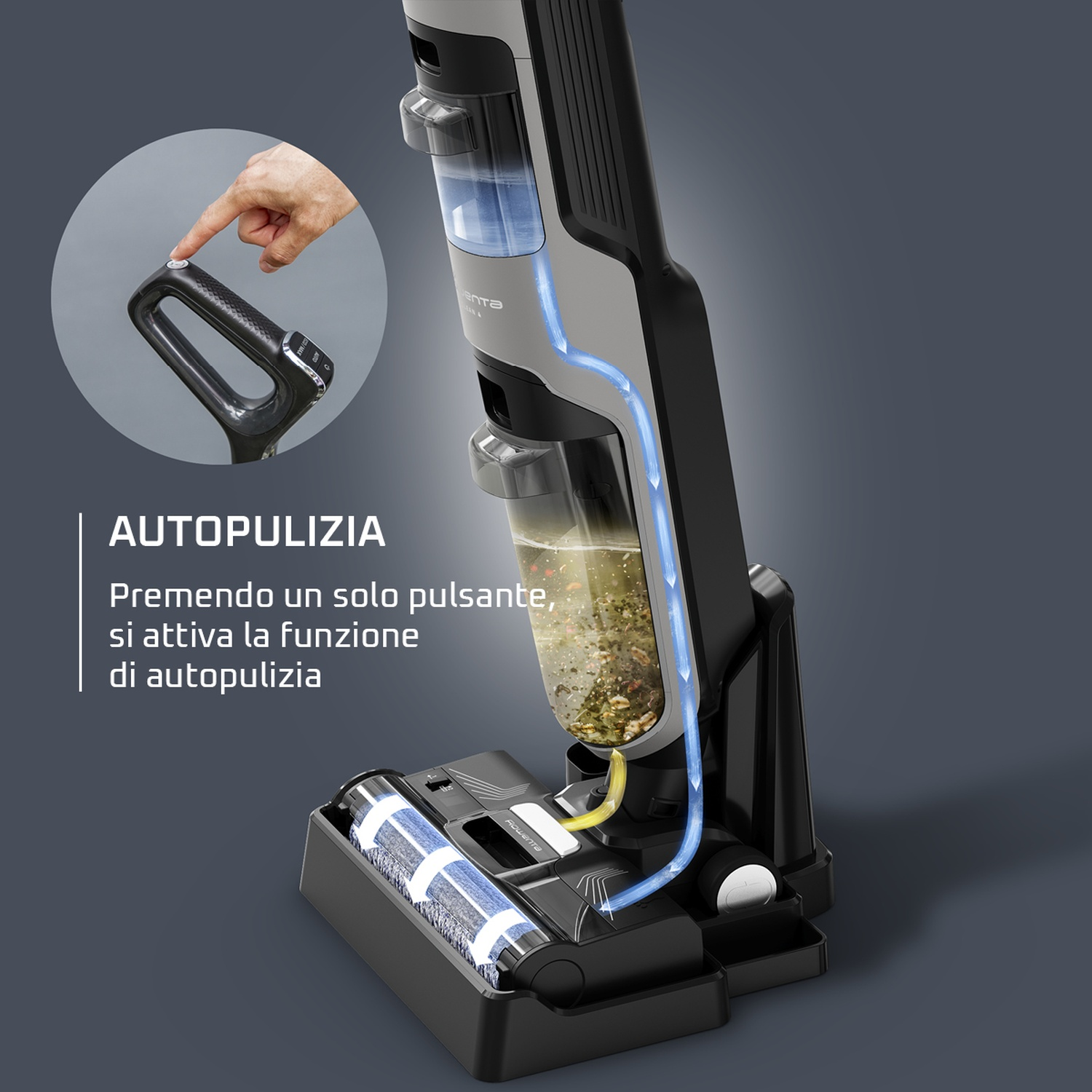 Una mano preme un pulsante su un aspirapolvere nero. L'aspirapolvere è mostrato con serbatoi d'acqua e una spazzola per la pulizia. Testo: Autopulizia.