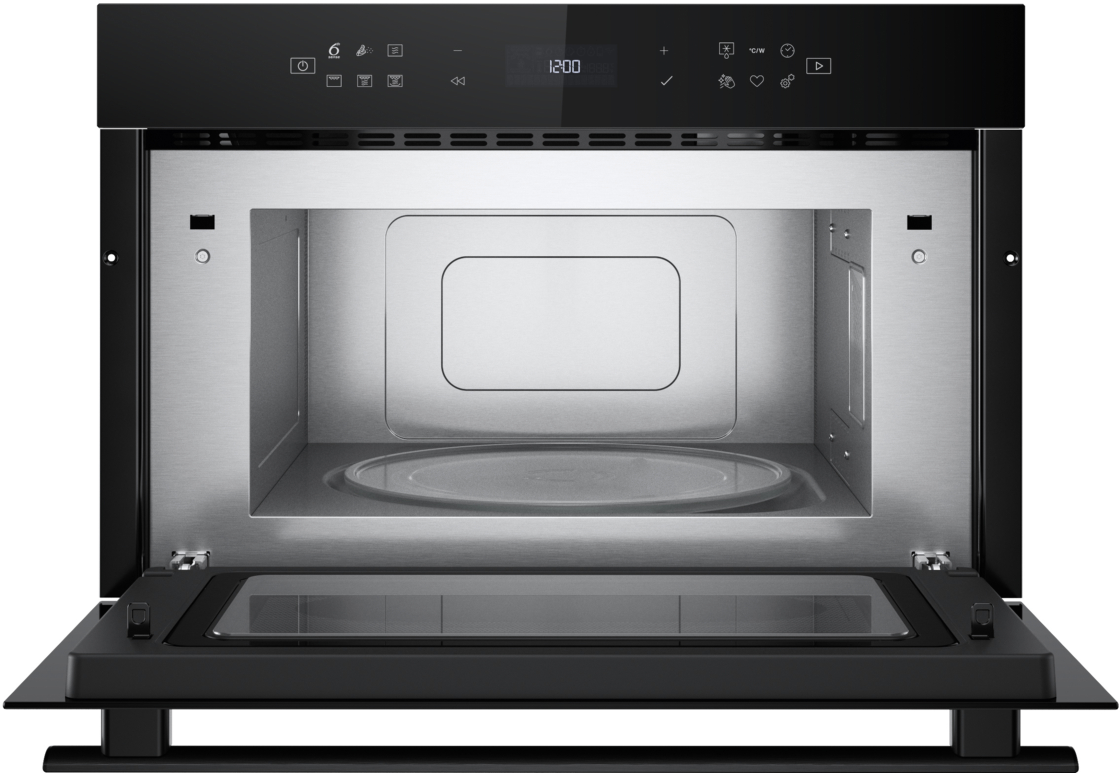 Czarny piekarnik mikrofalowy jest otwarty. Wnętrze jest ze stali nierdzewnej, ze szklaną płytą. Drzwi są otwarte, pokazując wnętrze.