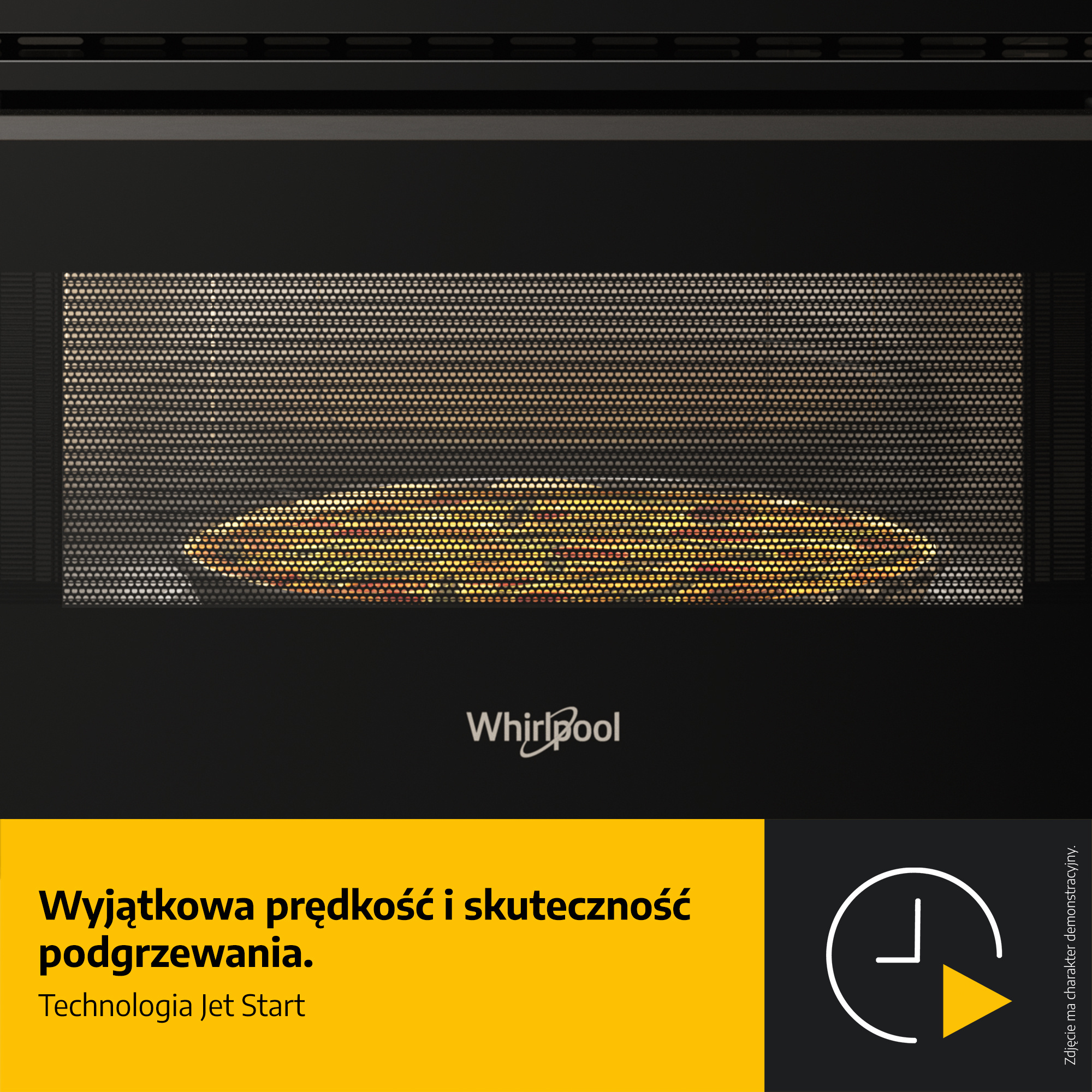 Widoczne wnętrze kuchenki mikrofalowej Whirlpool. Drzwi są otwarte, a w środku pizza. Tekst wyświetlany jest na żółtym panelu.