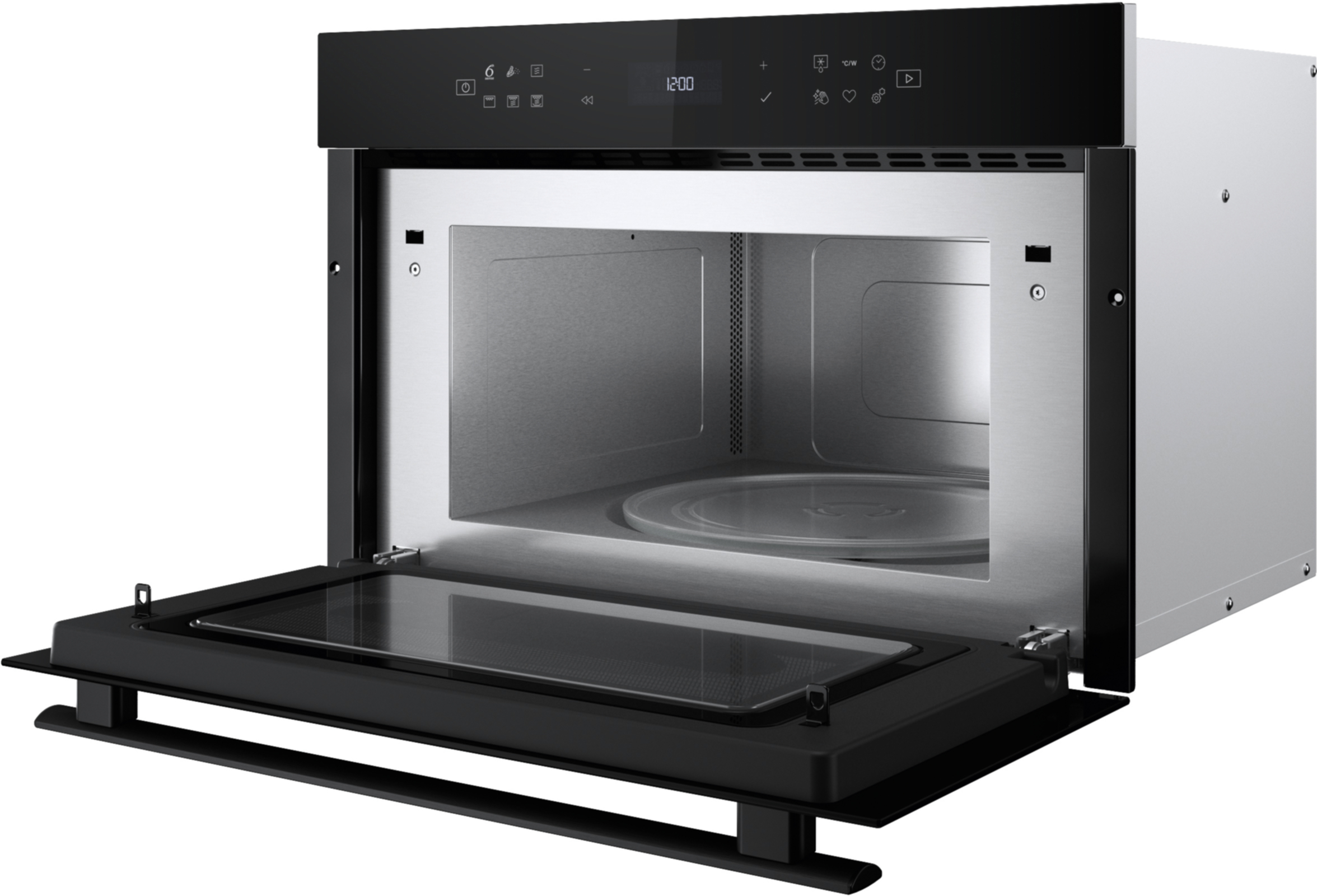 Kuchenka mikrofalowa z otwartymi drzwiami. Wnętrze ze stali nierdzewnej, szklane drzwi i czarny panel sterowania.