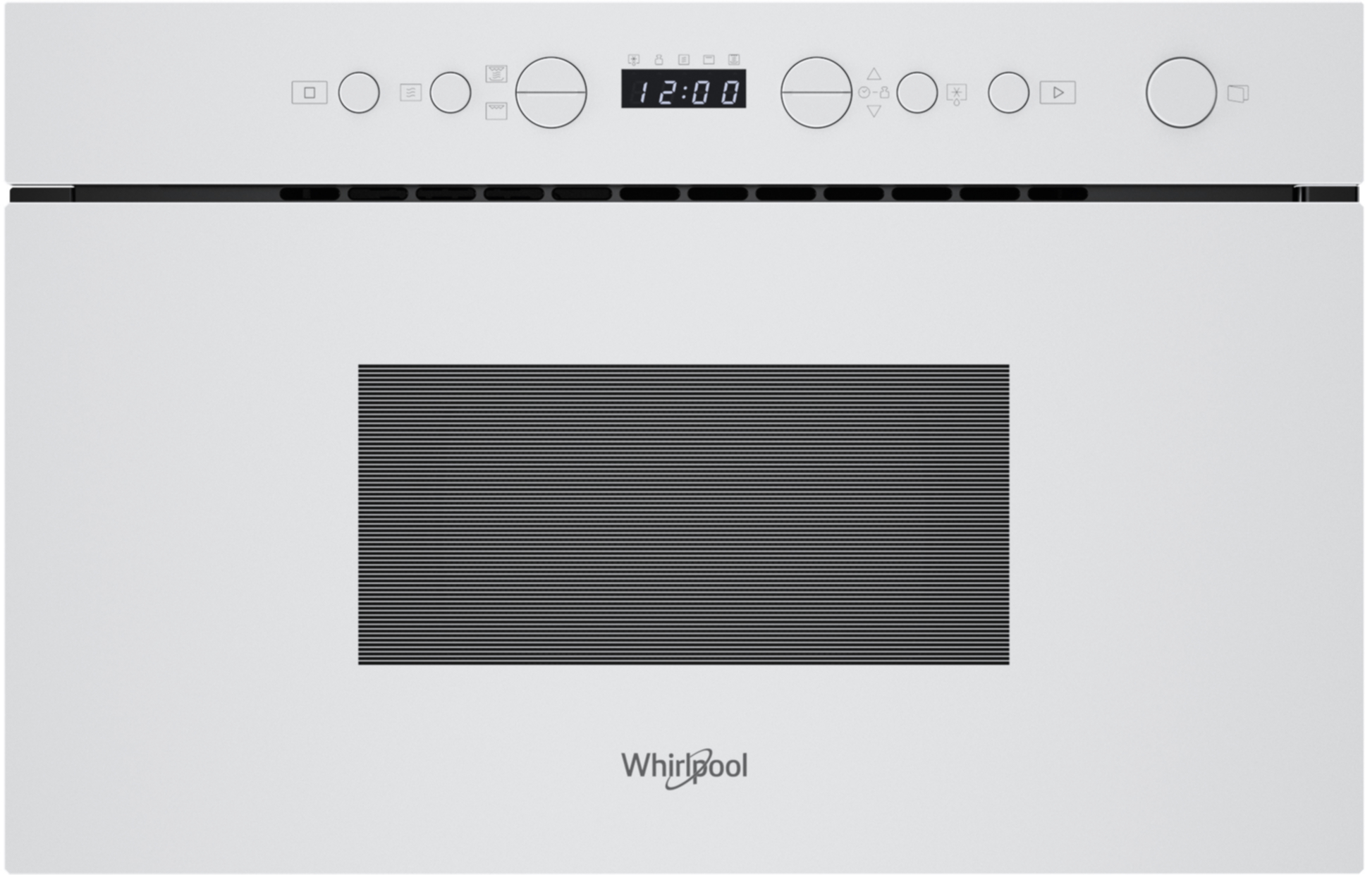 Biały piekarnik Whirlpool z czarnym prostokątnym otworem wentylacyjnym, zegarem cyfrowym o godzinie 12:00 i pokrętłami. Nazwa marki na dole.