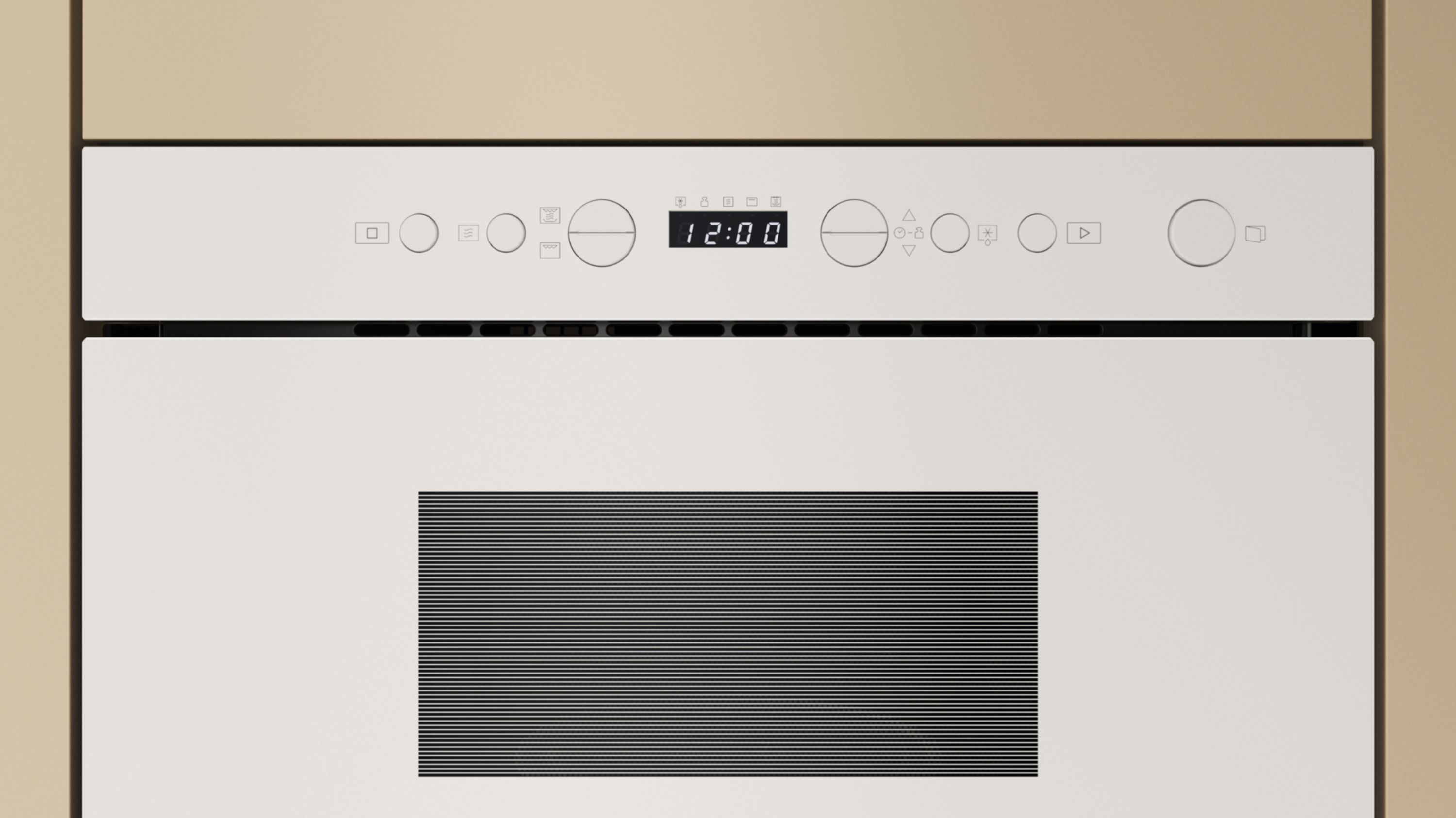 Biały piekarnik z cyfrowym zegarem wyświetlającym 12:00. Elementy sterujące na górze. Czarne poziome linie tworzą drzwi.