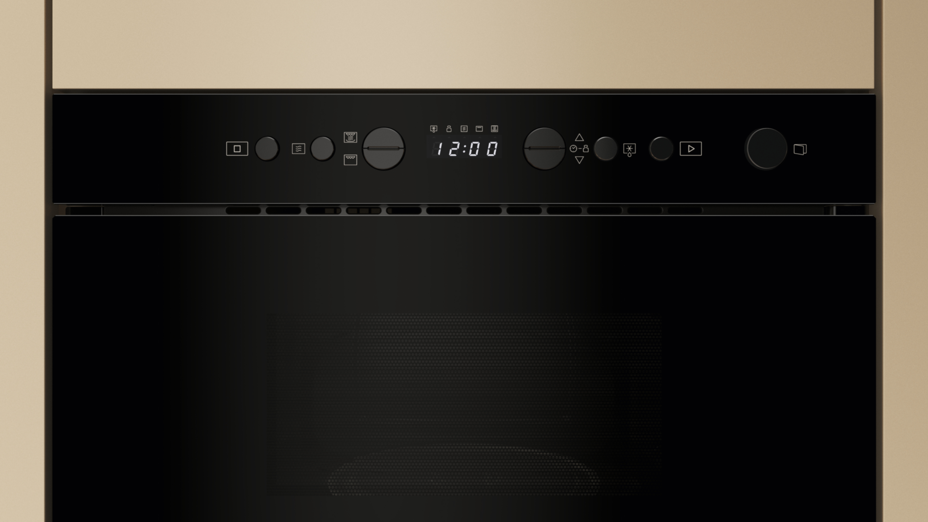 Czarny piekarnik z panelem sterowania. Wyświetla godzinę 12:00. Beżowa ramka otacza piekarnik.