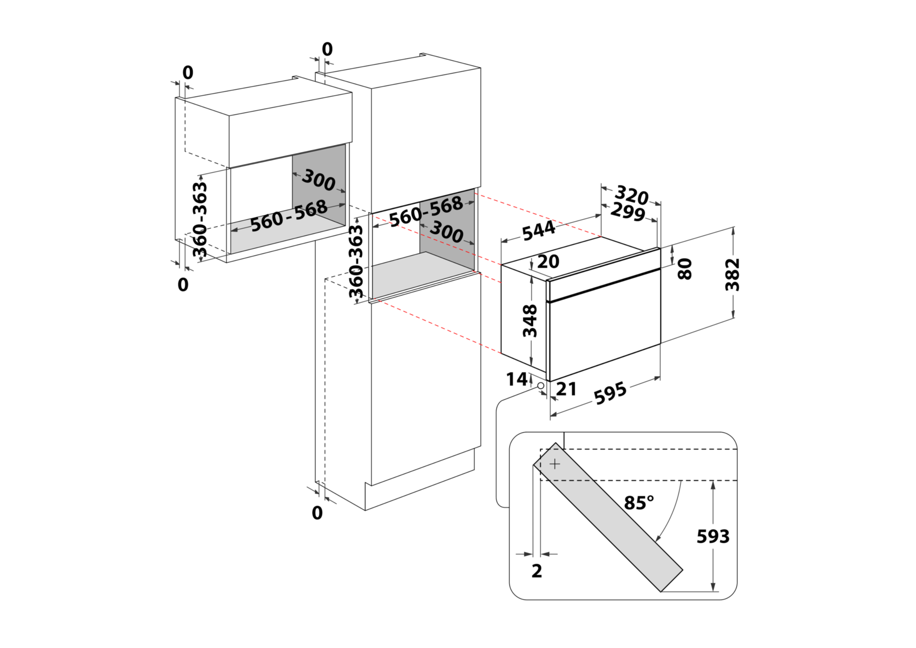 Schemat urządzenia do zabudowy. Pokazuje wymiary i kąty w milimetrach do instalacji.
