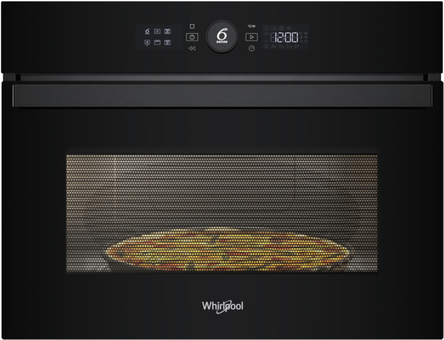 Czarny piekarnik mikrofalowy Whirlpool z pizzą w środku. Wyświetlacz cyfrowy pokazuje czas. Piekarnik jest zamknięty.