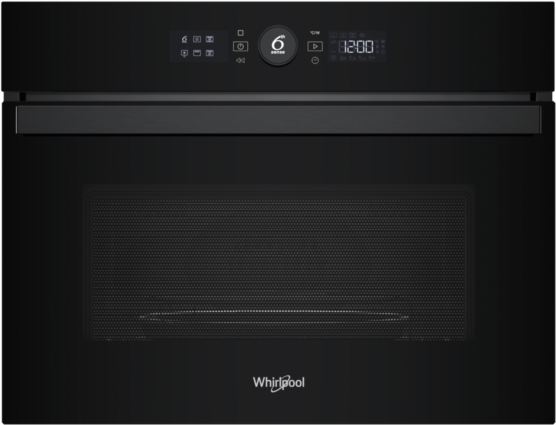 Czarny piekarnik mikrofalowy Whirlpool. Posiada panel sterowania, cyfrowy wyświetlacz i ciemne szklane drzwi. Widoczna jest nazwa marki.