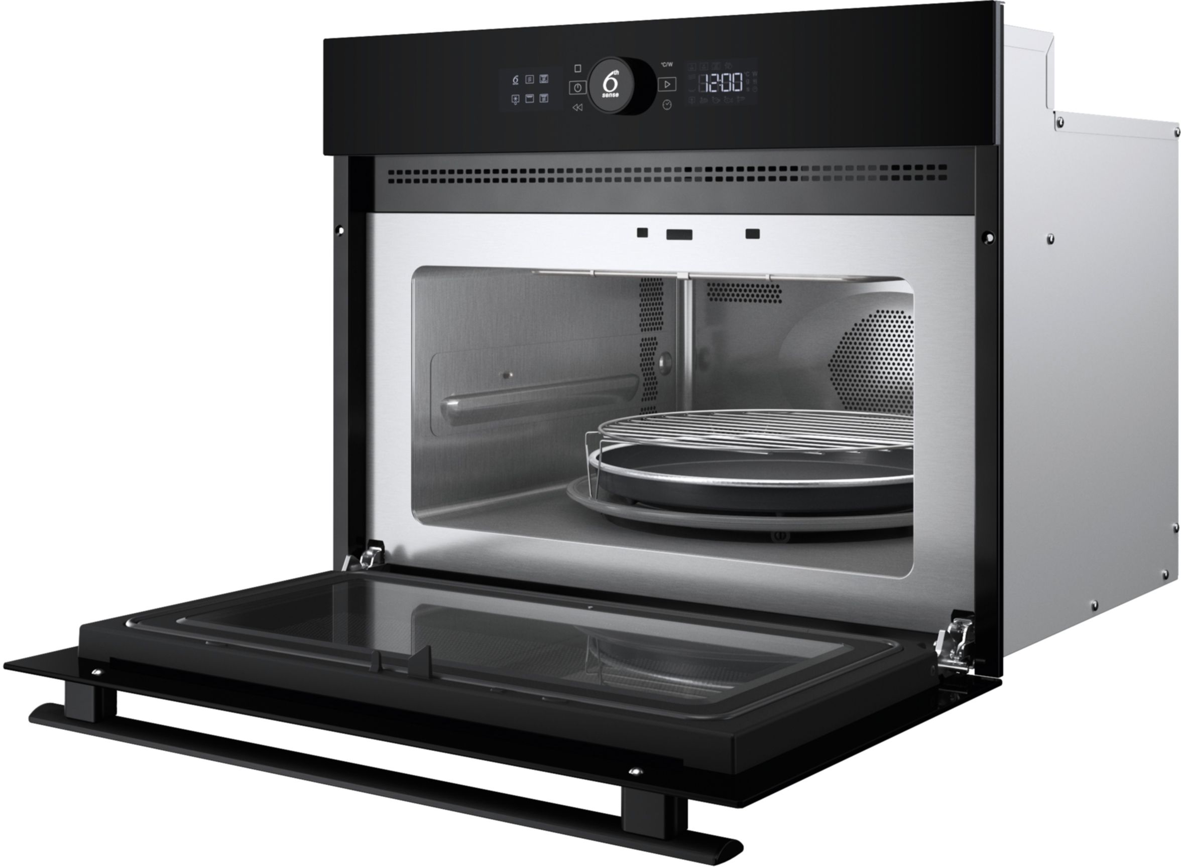 Czarny piekarnik mikrofalowy z otwartymi drzwiami. Wewnątrz widoczny metalowy ruszt i szklana taca.