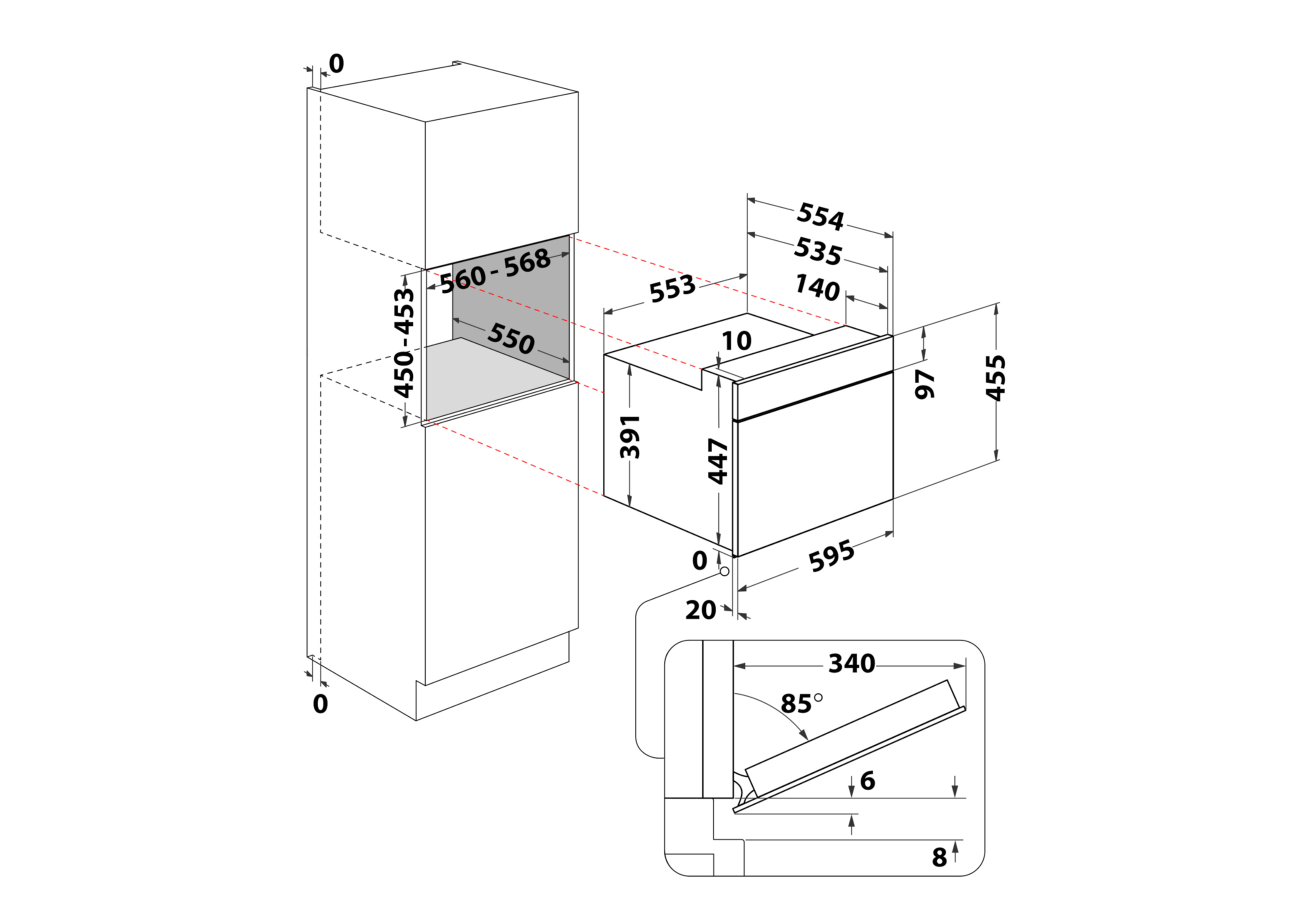 Rysunek techniczny piekarnika do zabudowy z wymiarami, pokazujący piekarnik i otaczające szafki.