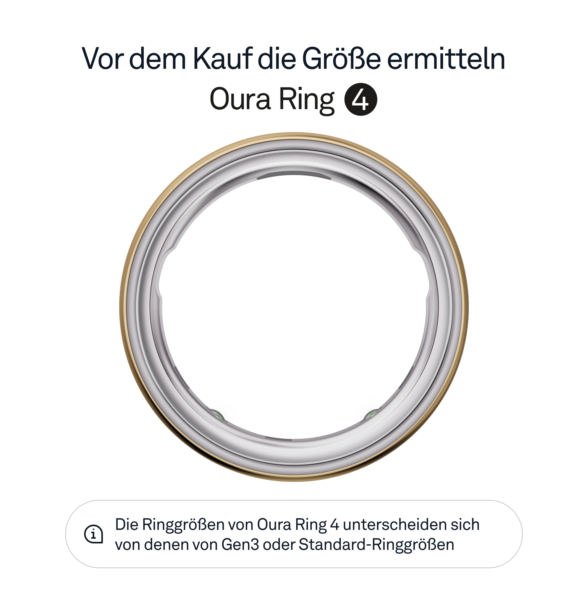 Oura Ring 4 wird gezeigt. Es ist silberfarben mit einem goldenen Band. Text: Größe vor dem Kauf ermitteln.