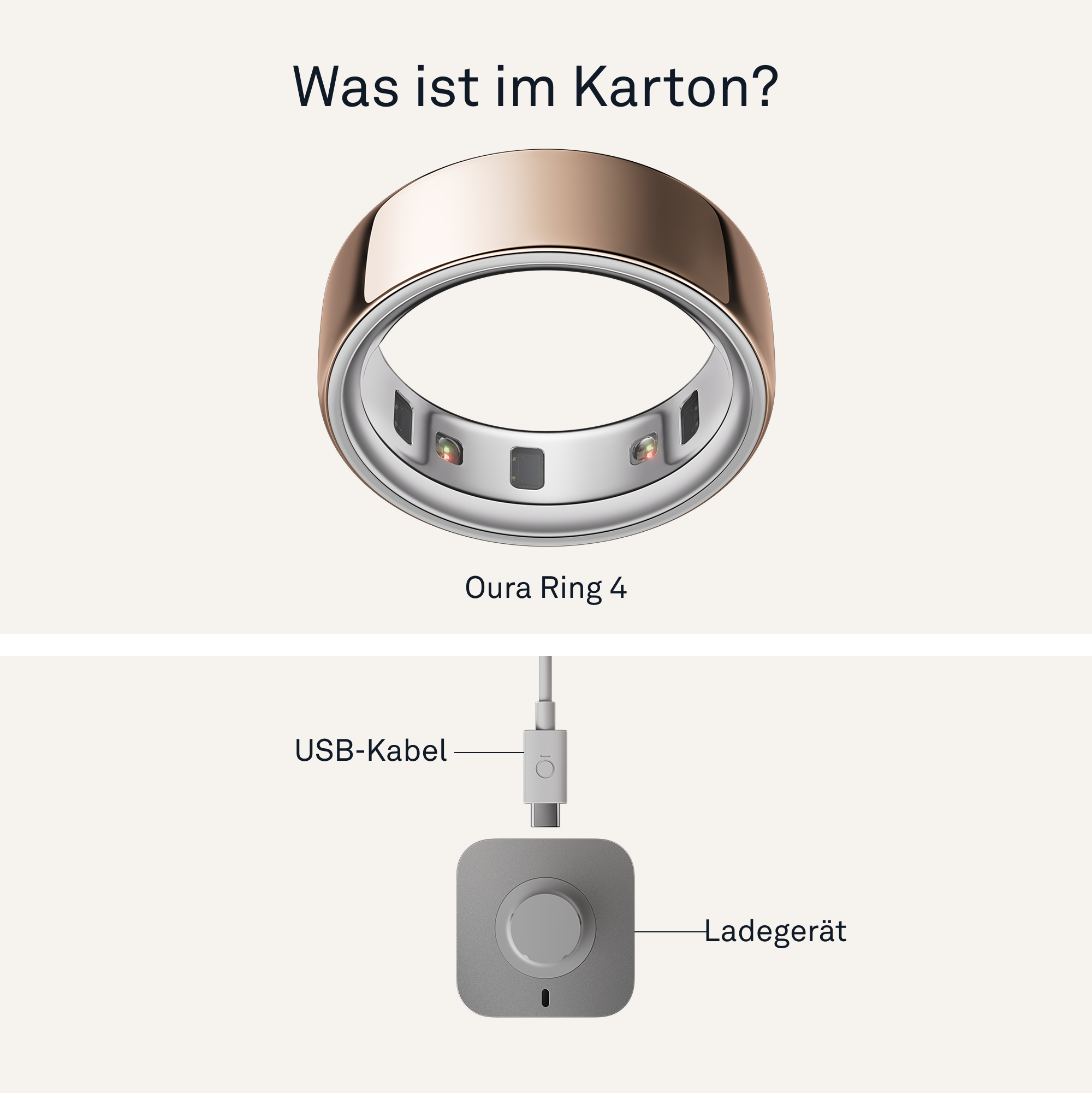 Oura Ring 4, un anello smart, e un caricatore con cavo USB. L'anello è oro rosa e argento. Il caricatore è grigio.