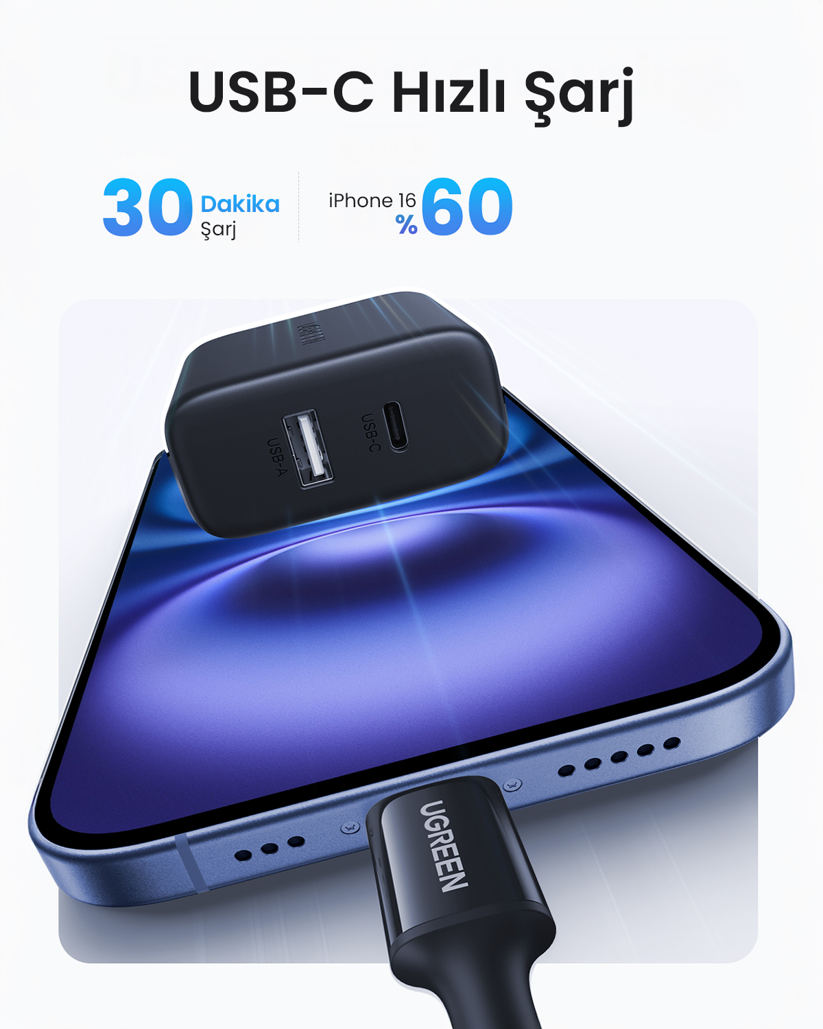 Telefon, siyah bir şarj cihazı ile şarj ediliyor. Şarj cihazı, bir kablo aracılığıyla telefona bağlıdır. Metin, USB-C hızlı şarj diyor.