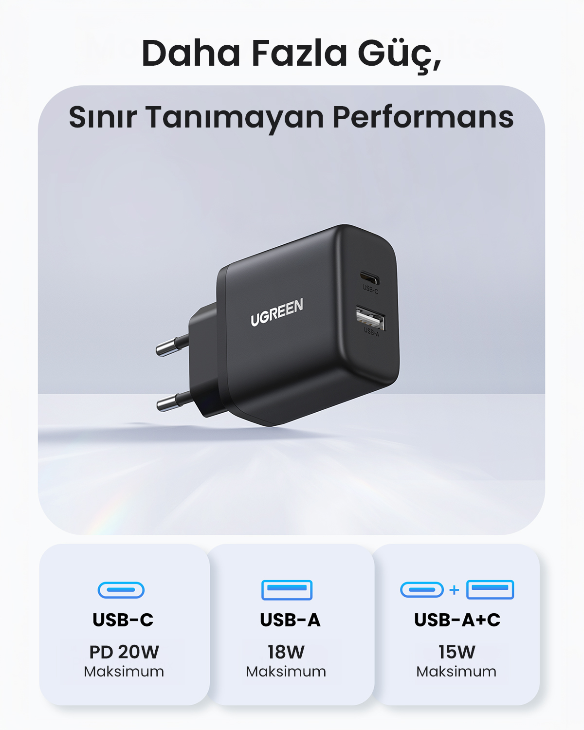 USB-C ve USB-A portlarına sahip siyah bir UGREEN şarj cihazı. Güç çıkışları hakkındaki bilgiler şarj cihazının altında gösterilmektedir.