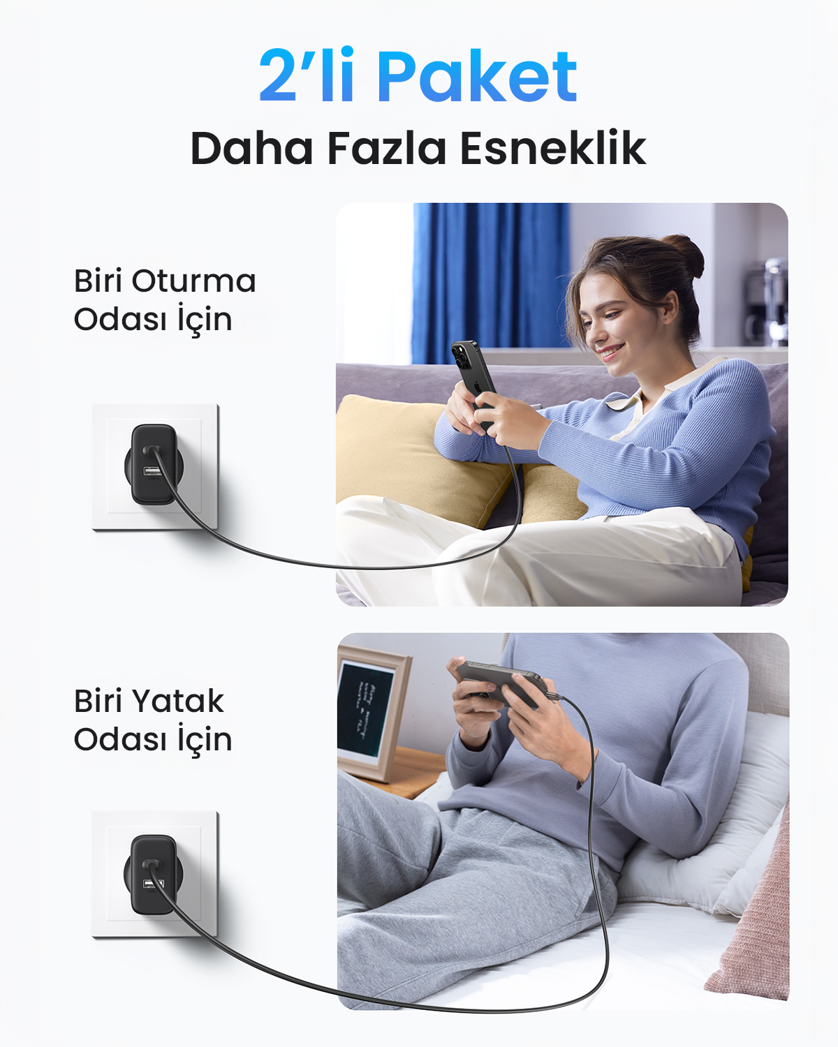 Görüntü iki senaryoyu gösteriyor: kanepede telefon kullanan kadın, yatakta telefon kullanan adam. Her ikisi de cihazları şarj ediyor. Metin: 2'li Paket.