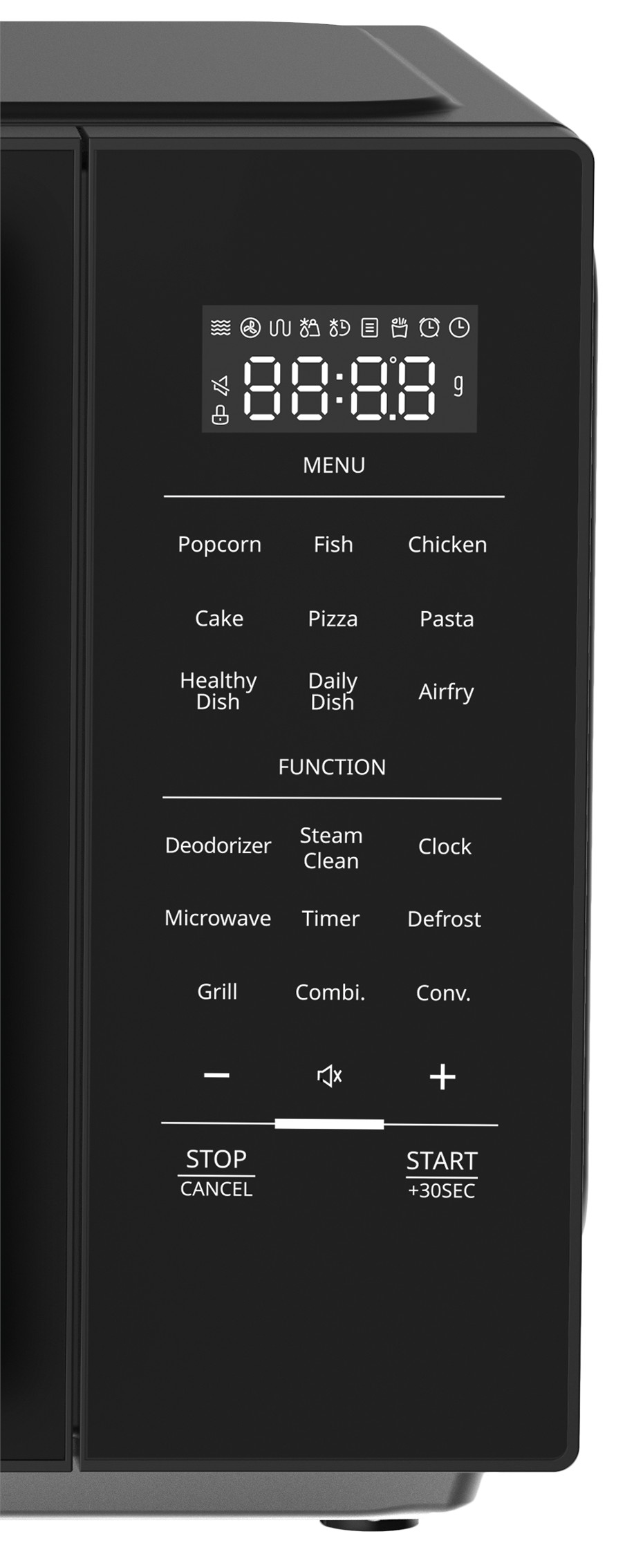 Panel sterowania kuchenką mikrofalową. Wyświetlacz '88:88'. Przyciski: 'Popcorn', 'Ryba' i 'Start'.