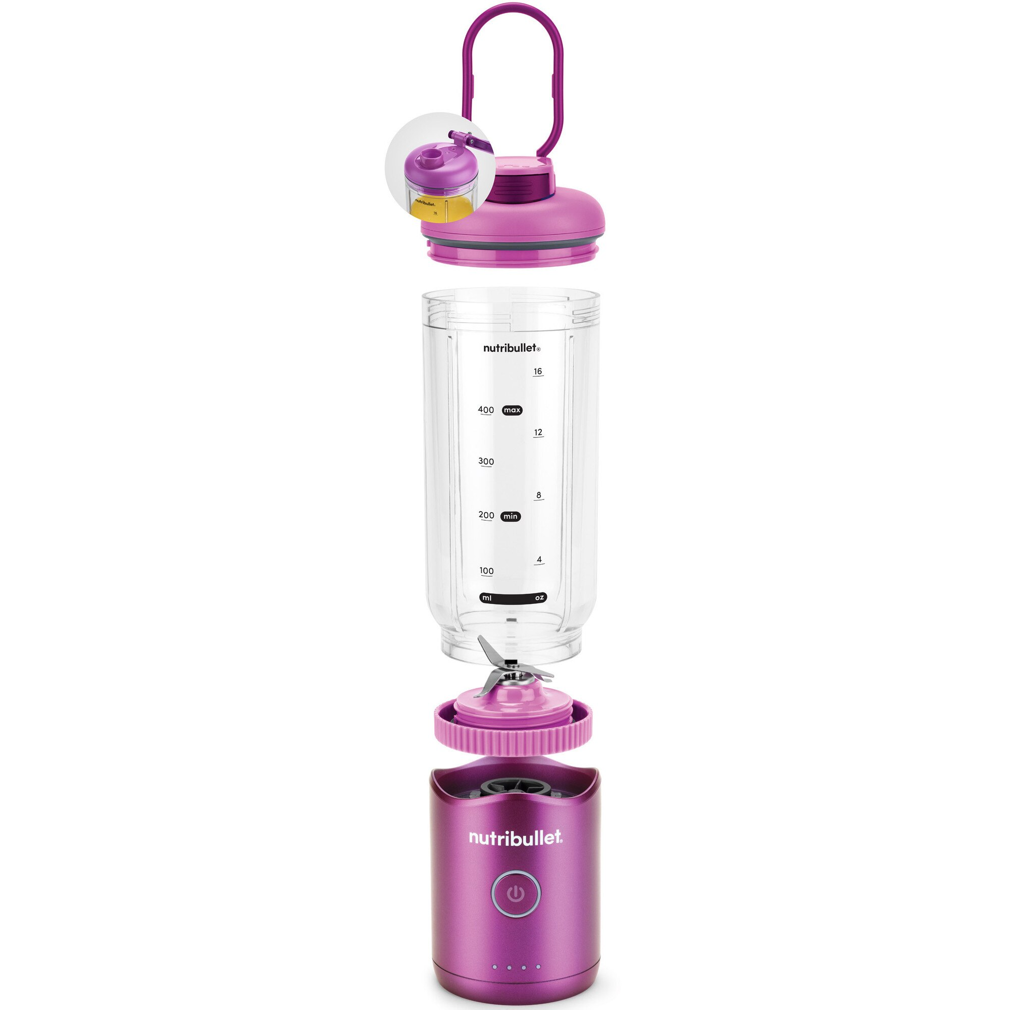 Egy lila Nutribullet turmixgép robbantott ábrája. Az alkatrészek: alap, penge, pohár, fedél és fogantyú, szétválasztva.