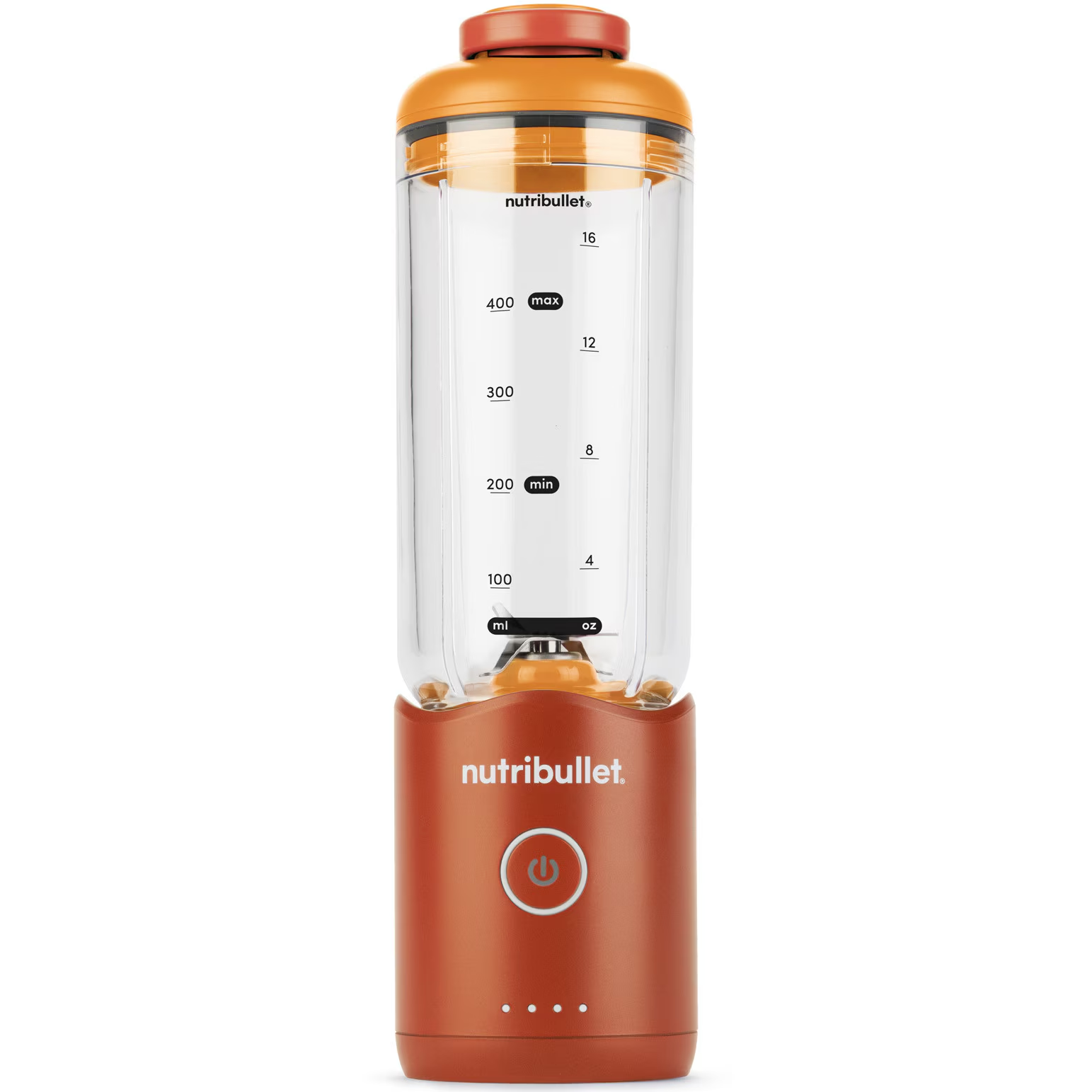 Narancs és átlátszó Nutribullet turmixgép. Alappal, átlátszó tartállyal, mérőskálával és narancssárga tetővel rendelkezik.