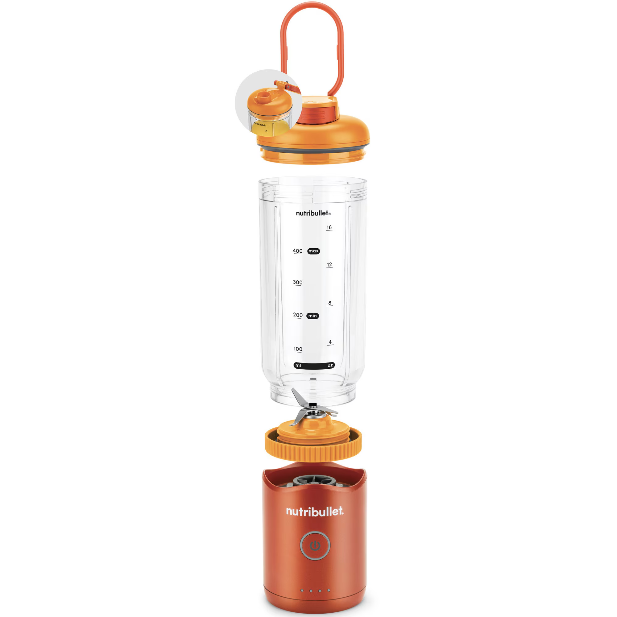 Egy Nutribullet turmixgép robbantott ábrája. Részei láthatók: fedél, pohár, pengeszerkezet és talp. Mind narancssárga vagy átlátszó.