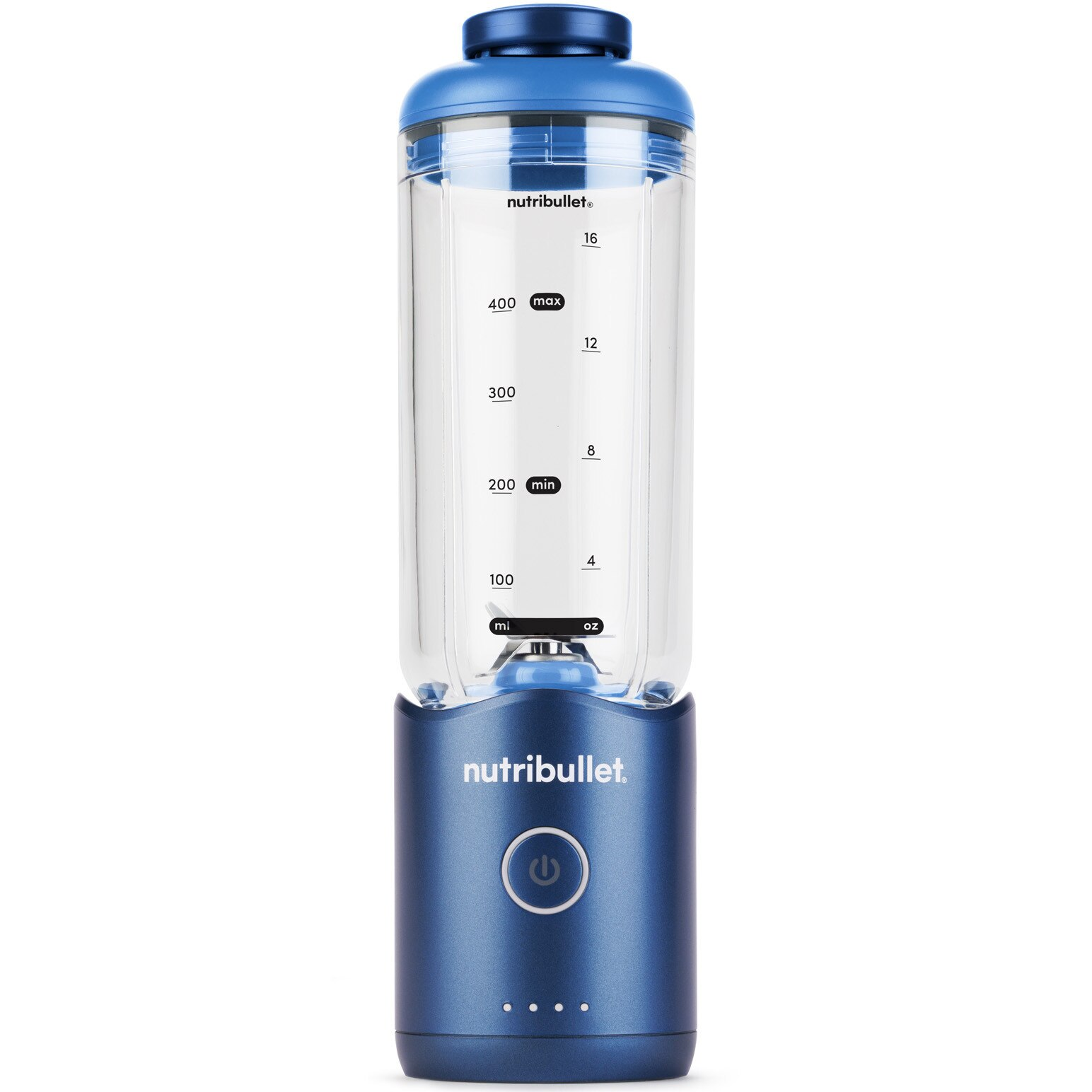 Egy kék és átlátszó Nutribullet turmixgép. Kék alappal, bekapcsológombbal és átlátszó tartállyal rendelkezik.