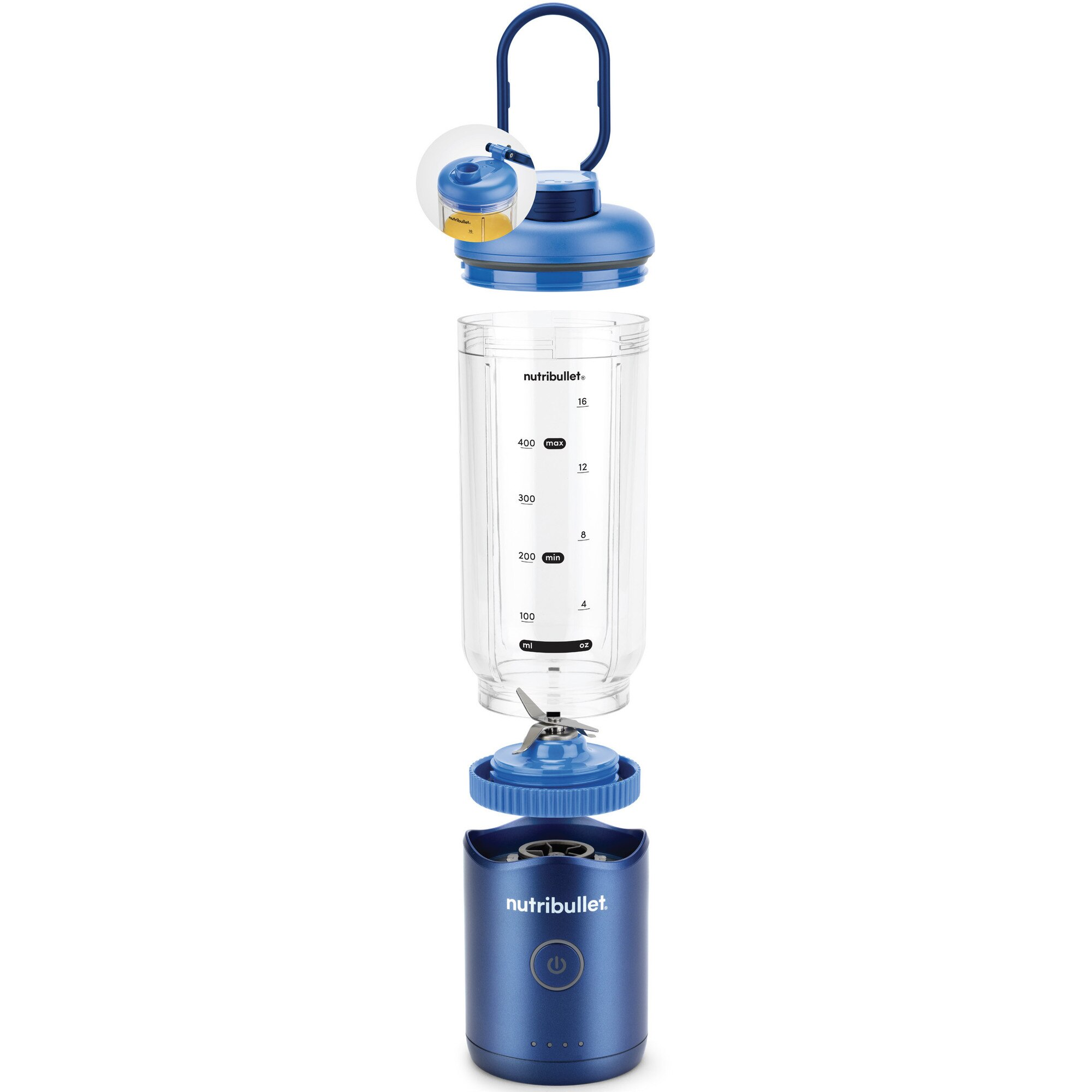 Szétszedett Nutribullet turmixgép. A részek: az alap, a pengeszerkezet, a pohár, a fedél és a hordozó fogantyú. Mind kék és átlátszó.