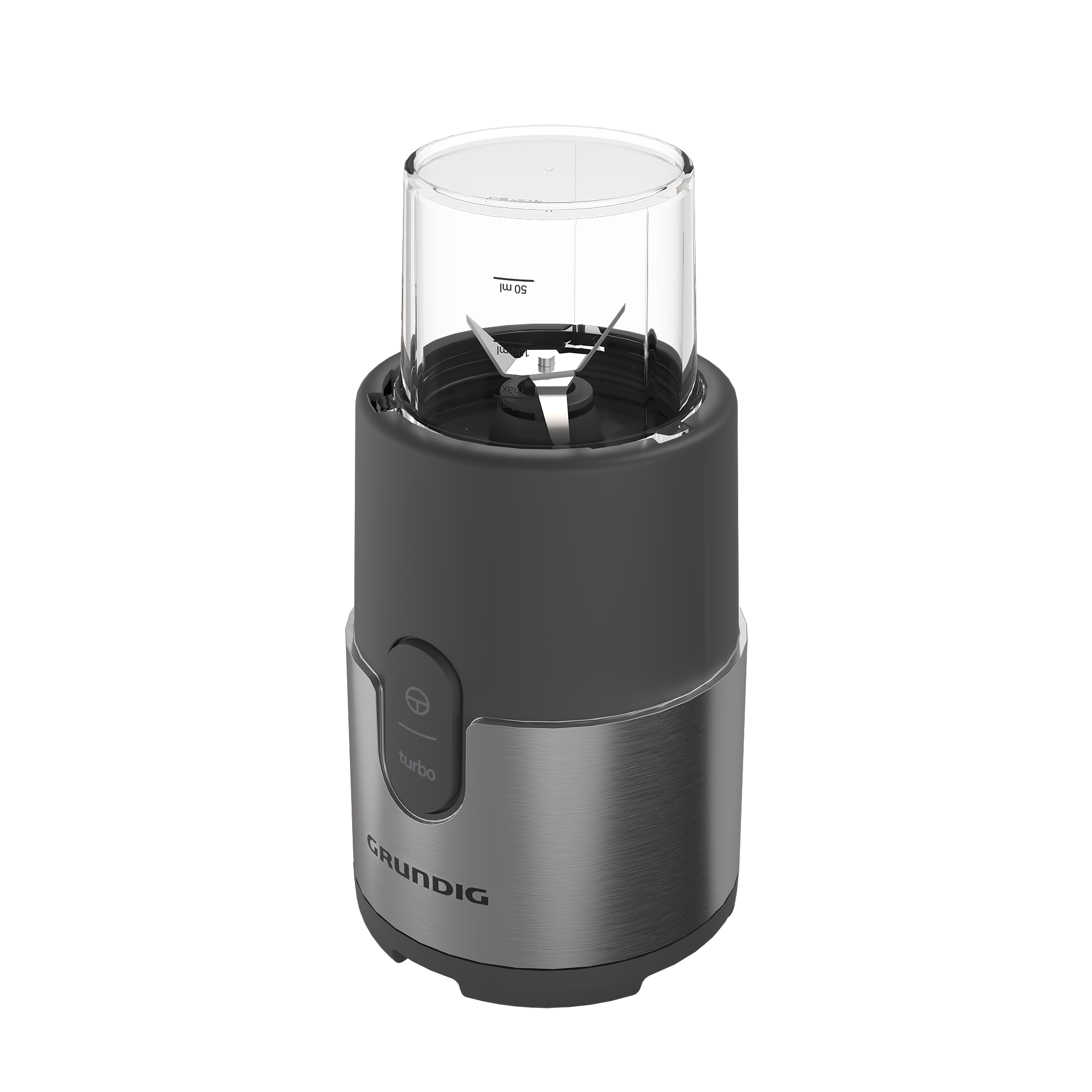 Gri ve siyah bir Grundig blender. İçinde bıçakları olan şeffaf bir bardağı var. Ön tarafta bir turbo düğmesi var.