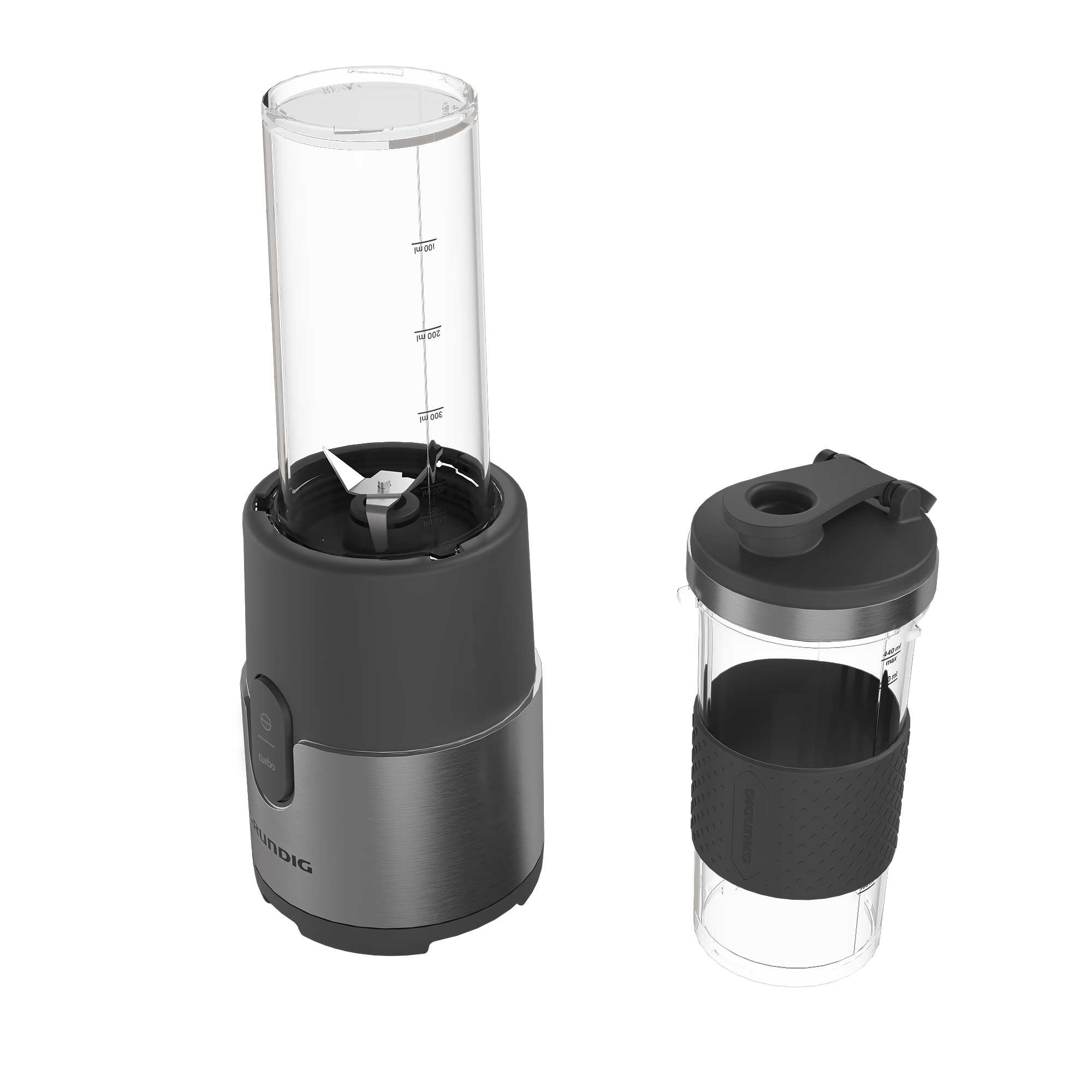 Ayrı bir bardağı olan siyah ve gümüş renkli bir Grundig blender. Blenderin bir bıçağı ve bir güç düğmesi var.