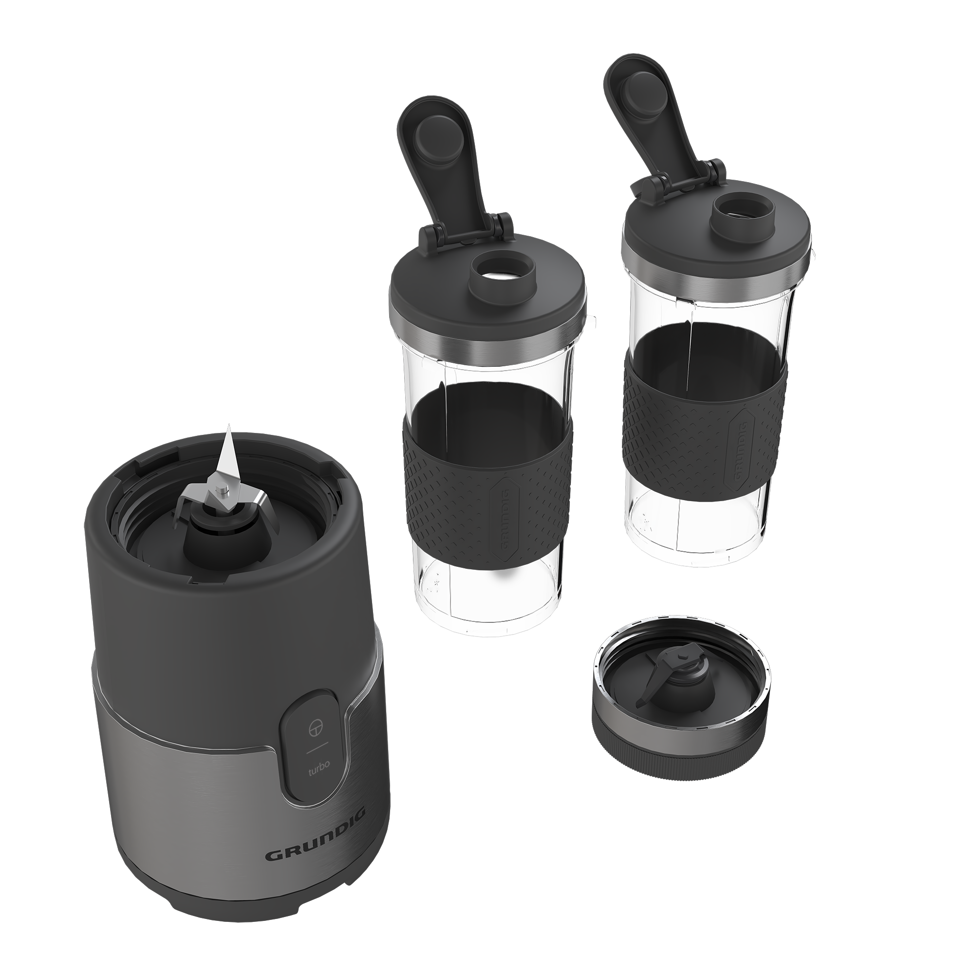 İki bardak ve bir bıçak tertibatına sahip bir blender. Bardakların siyah kapakları ve gri bantları var. Taban gri ve siyah.