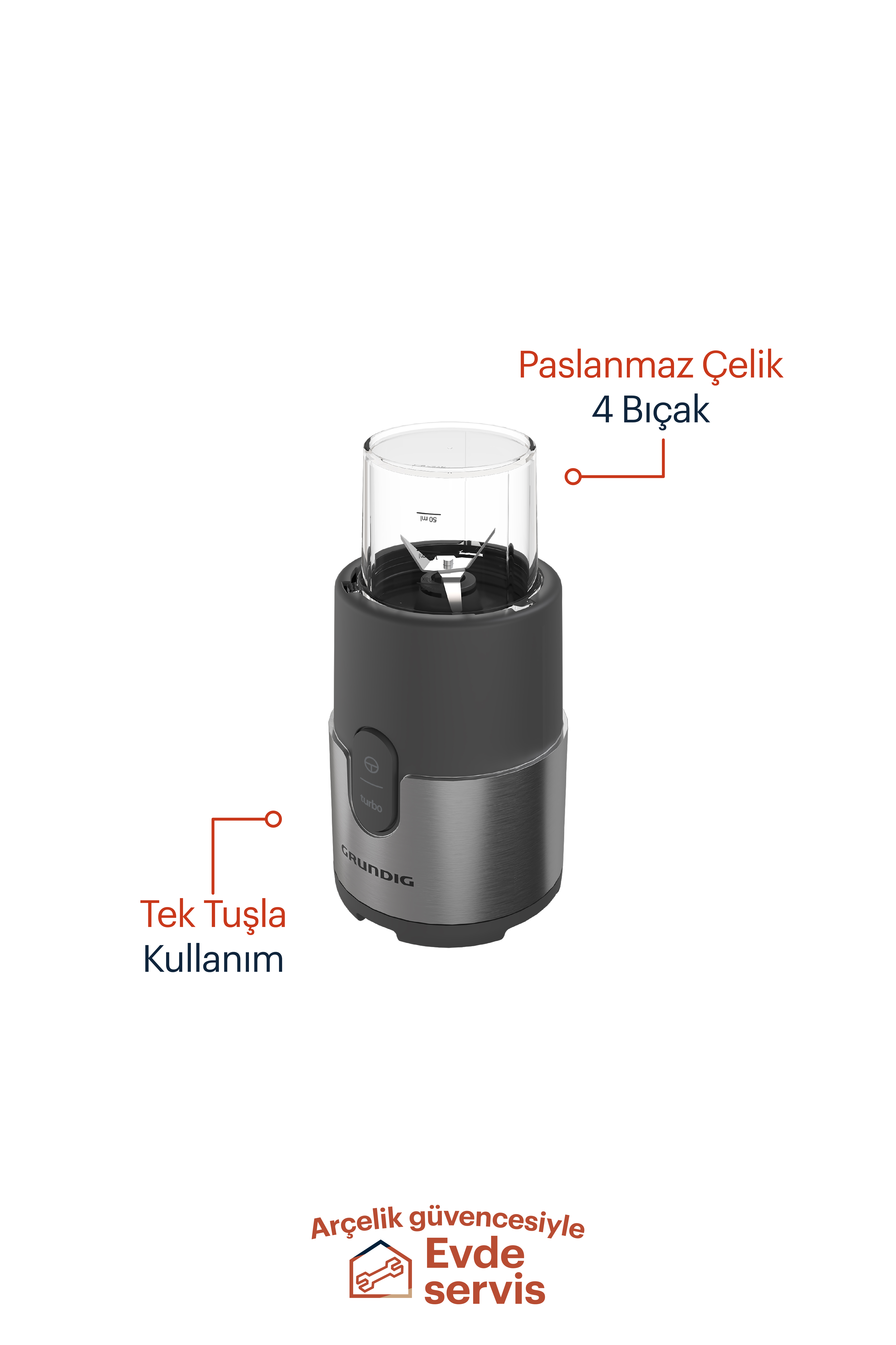 Şeffaf bir kabı olan siyah ve gümüş renkli bir Grundig blender. Metin: paslanmaz çelik, 4 bıçak, tek tuşla kullanım.