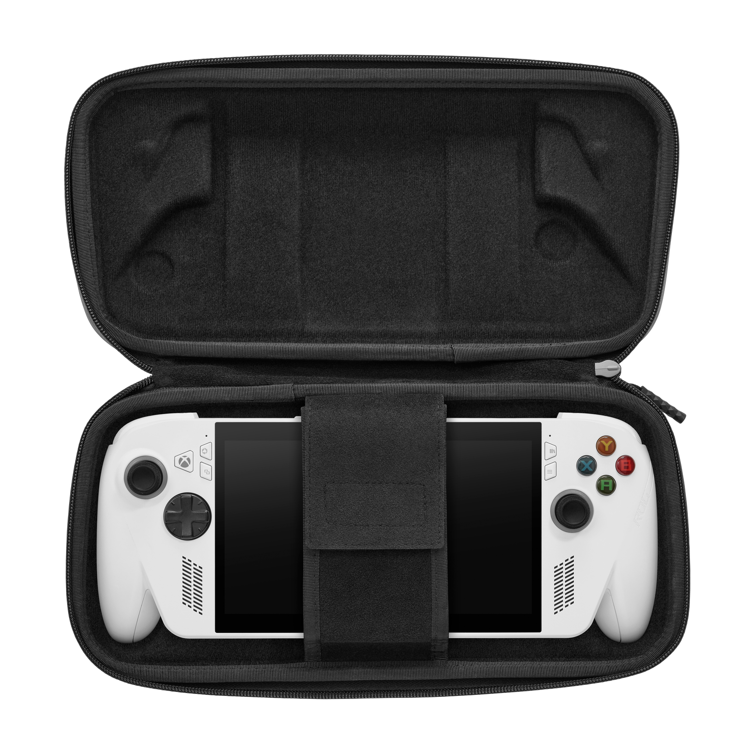 Dispositivo de juegos portátil blanco dentro de un estuche negro. El estuche está abierto, revelando el dispositivo y sus controles.