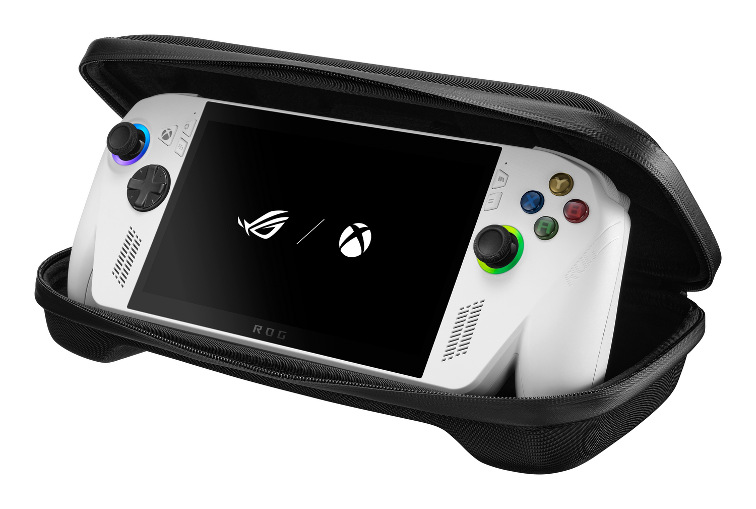 Un dispositivo de juego portátil blanco en un estuche negro. La pantalla muestra los logotipos de ROG y Xbox.