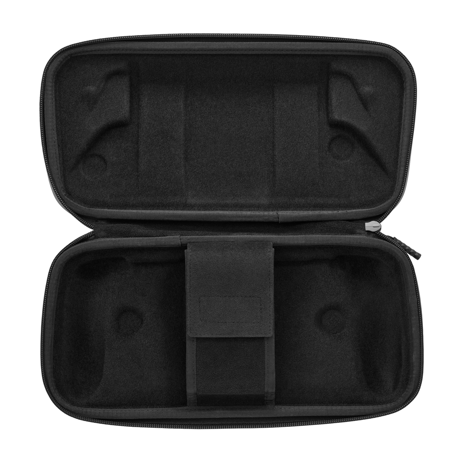 Funda de transporte acolchada negra abierta para un dispositivo. El interior tiene compartimentos moldeados y una correa central, todo en negro.