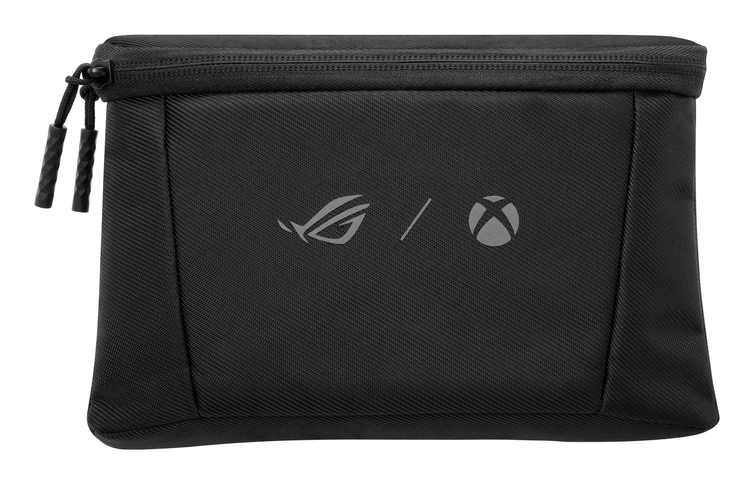 Bolsa negra con cremallera. Tiene los logotipos de ROG y Xbox en la parte delantera.