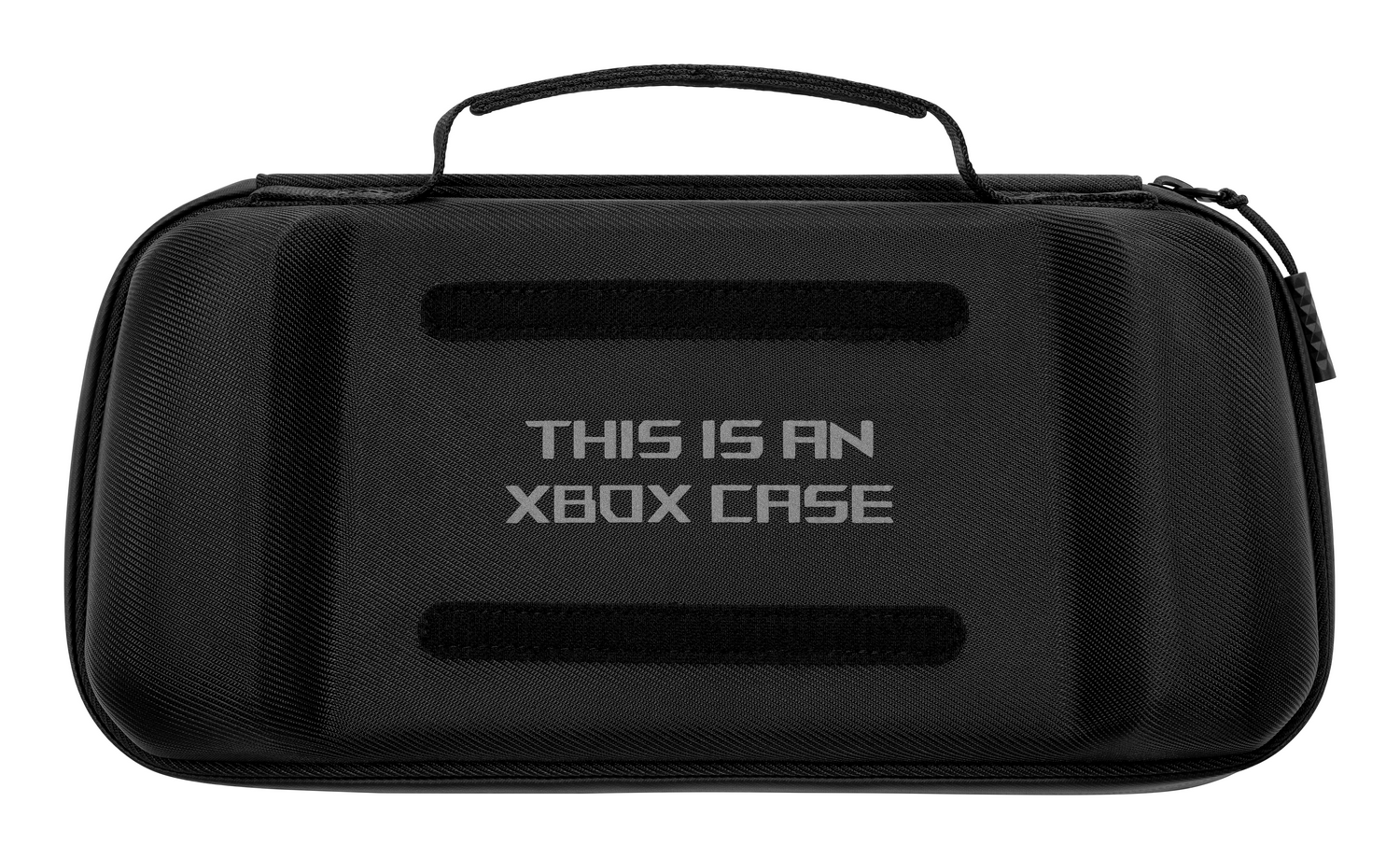Una funda negra para Xbox con asa y el texto 'THIS IS AN XBOX CASE'. Tiene dos parches de velcro.