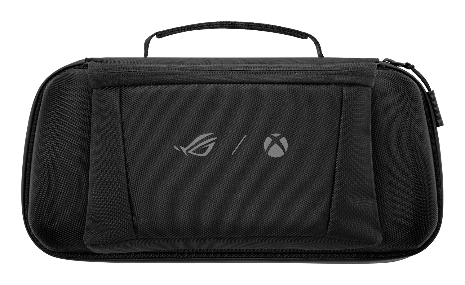 Una funda de transporte negra con asa. Tiene logotipos de ROG y Xbox. Una cremallera y un bolsillo al frente.